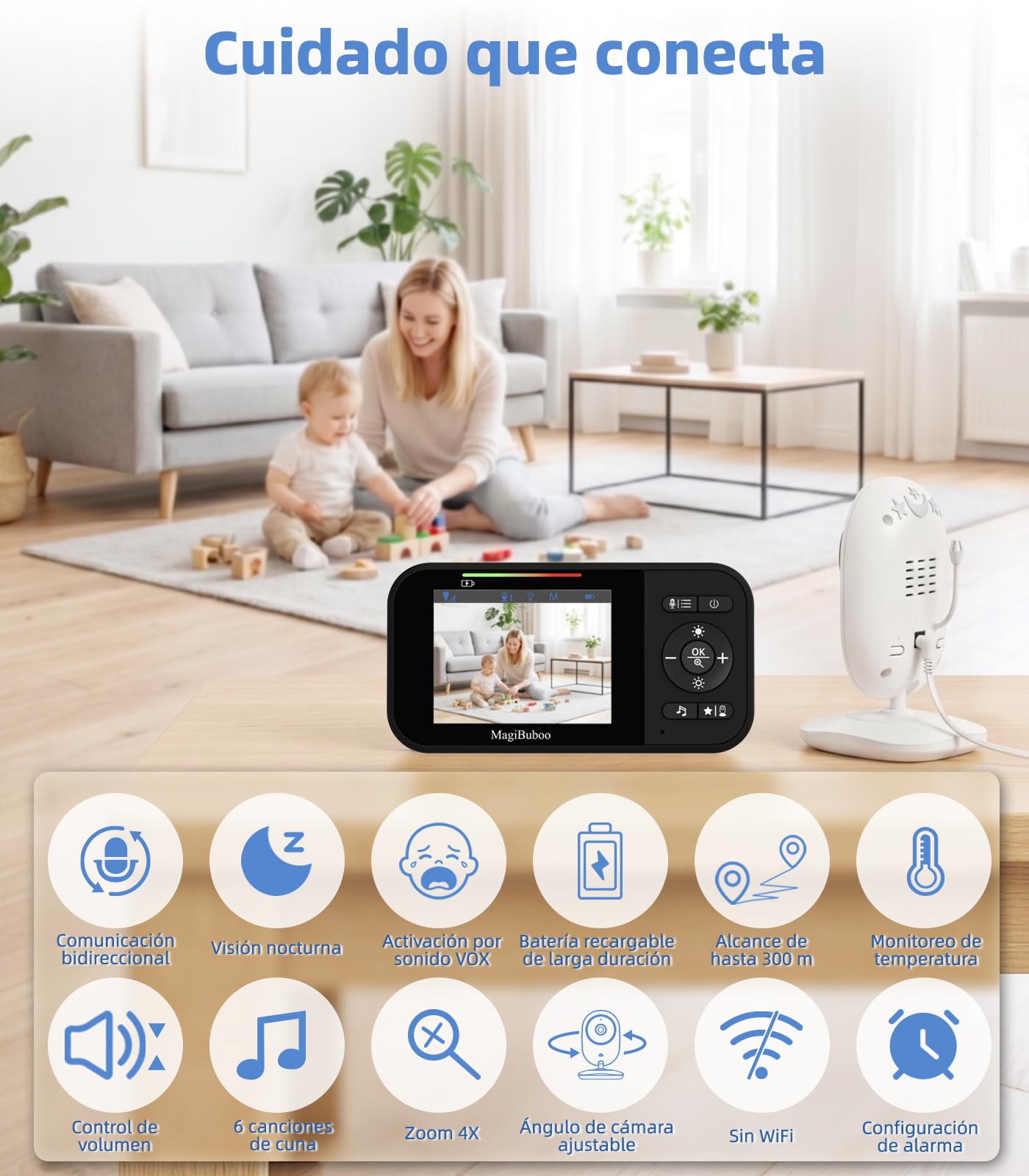 Monitor para bebés sin Wi-Fi, cámara de vídeo para bebés, visión Nocturna por Infrarrojos, Audio bidireccional, detección de llanto, Pantalla IPS de 2,8 Pulgadas, Modo VOX, autonomía de 30 Horas