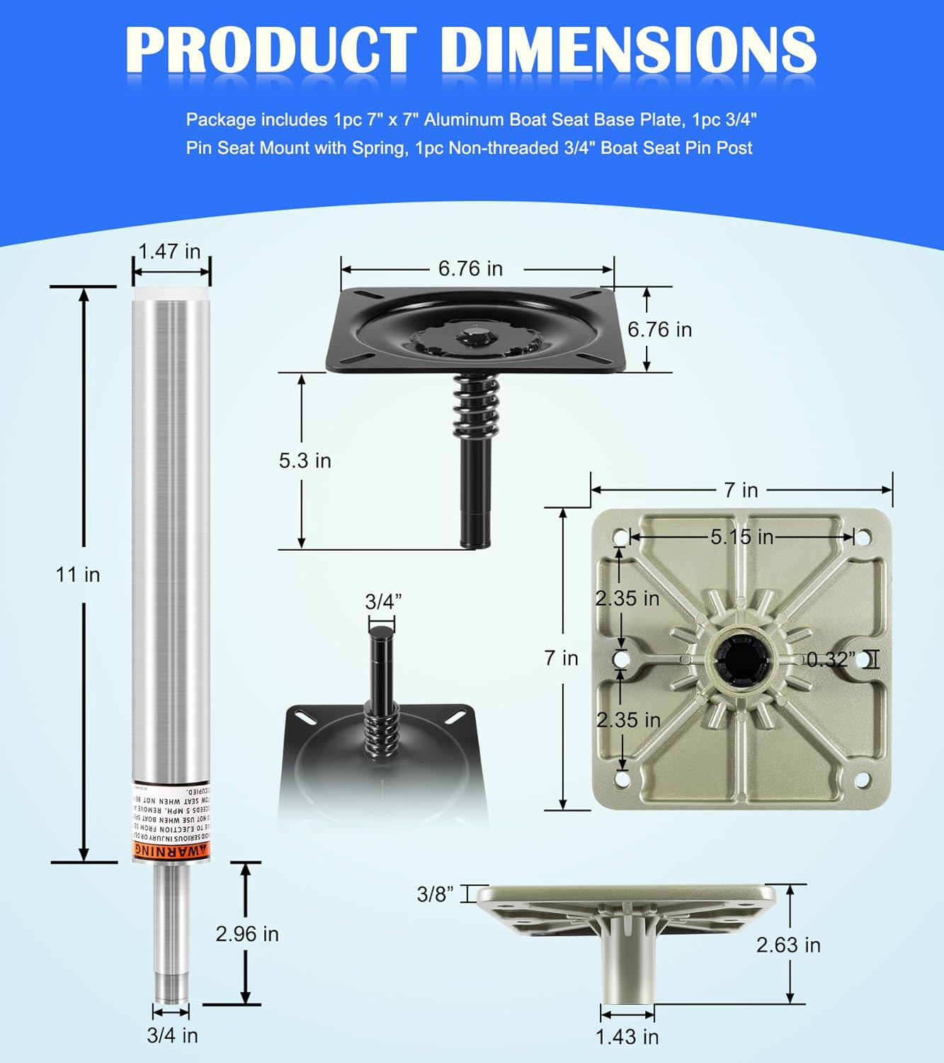 3/4" Boat Seat Pin Post SP-2114 + 7" x 7" Marine Seat Pedestal Base Plate + 1002 Lock'N-Pin 3/4" Seat Mount with Spring, Boat Seat Pedestal and Base Mount Kit for Pontoon/Fishing/Bass Boats, 11” Tall
