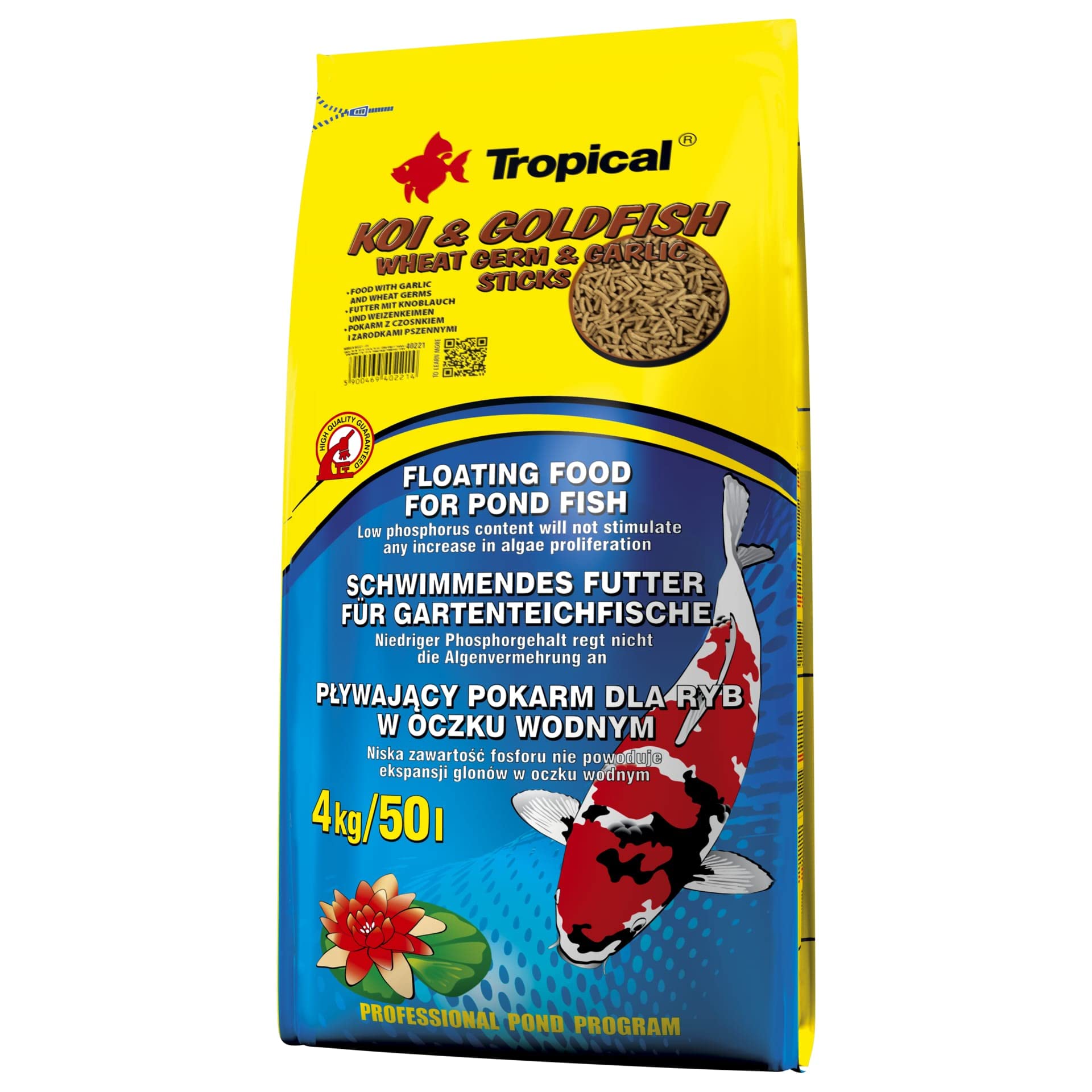 KOI&Goldfish Wheat Germ&Garlic Sticks 4kg - Alimento Flotante con ajo y Germen de Trigo para Peces de Estanque