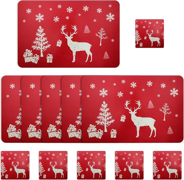 12 Piece Christmas Placemats and Coasters Set, 6 Piece Placemats and 6 Piece Cup Mats for Christmas Table Decoration (Red Reindeer Design)