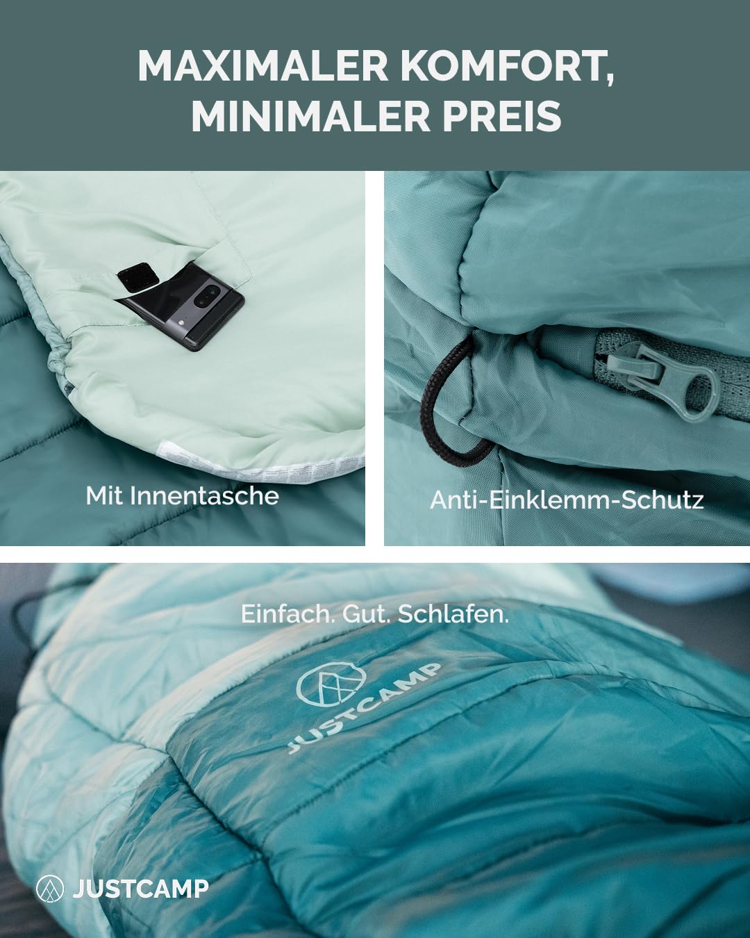 Justcamp Melvin Light Schlafsack - Erwachsene/Kinder (bis 200cm) - 3 Jahreszeiten (9-25 °C) - Sommerschlafsack für Camping, Reisen, Outdoor - Packmaß 25x18x18 cm - Gewicht 935g