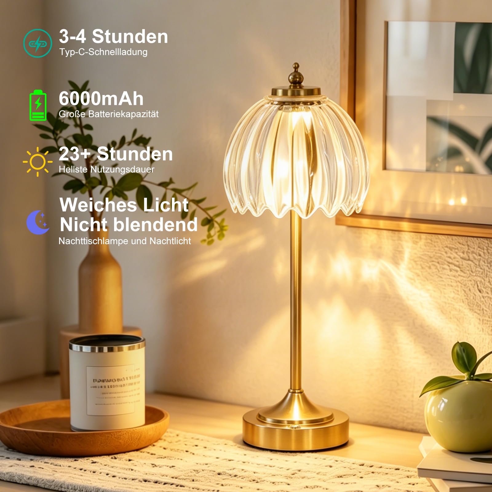 LED Vintage-Nachttischlampe Dimmbar, 3CCT, Kabellos Tischleuchte mit Retro-tulpenförmigen Glasschirm Akku Atmosphäre USB Aufladbar, Touch-Steuerung, kleine Nachtlicht für Schlafzimmer Wohnzimme
