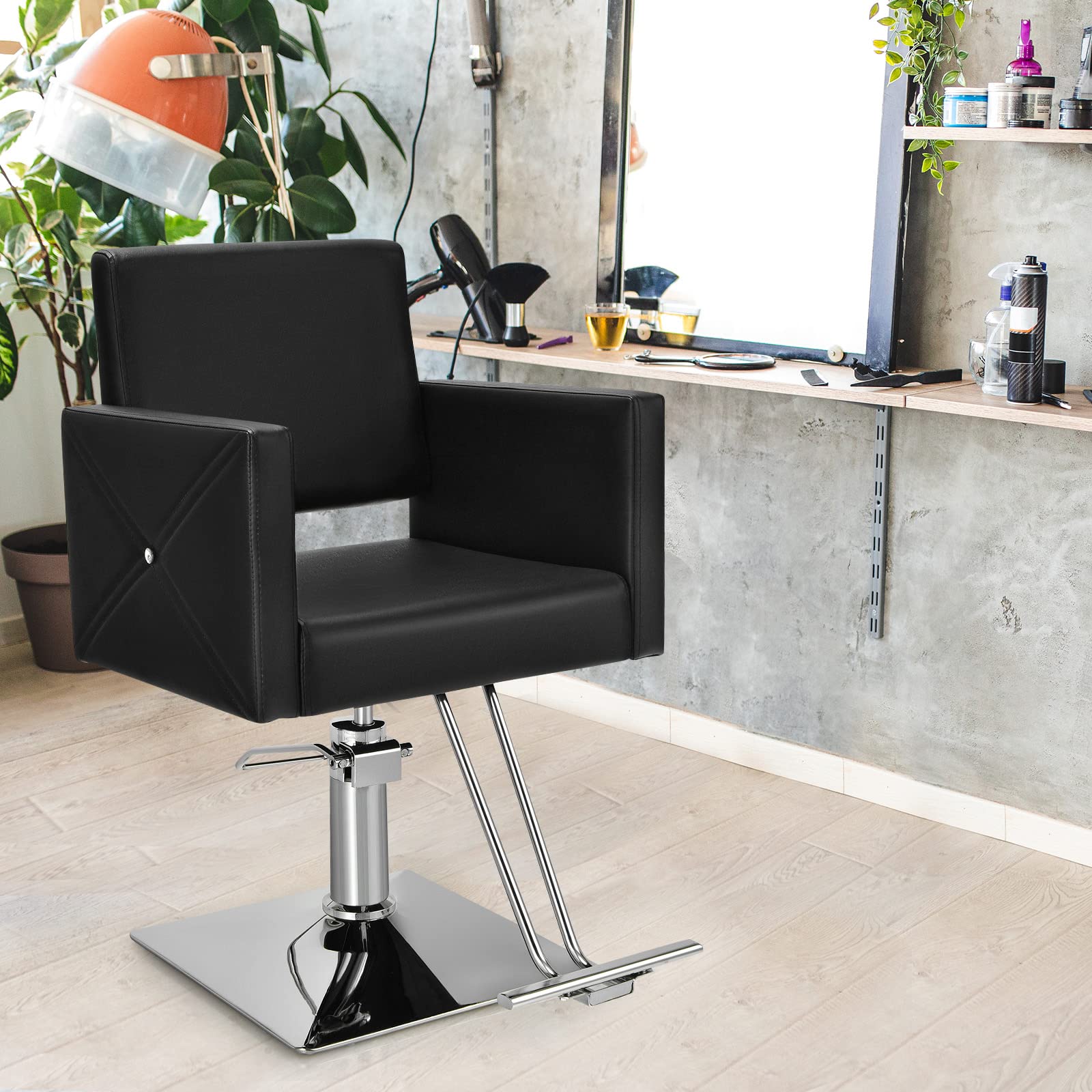 FANTASK 360° drehbar & höhenverstellbarer Friseurstuhl, Barbersessel mit hydraulischer Pumpe, Barberstuhl mit Fußstütze für Friseursalon & Barbershop, Schwarz
