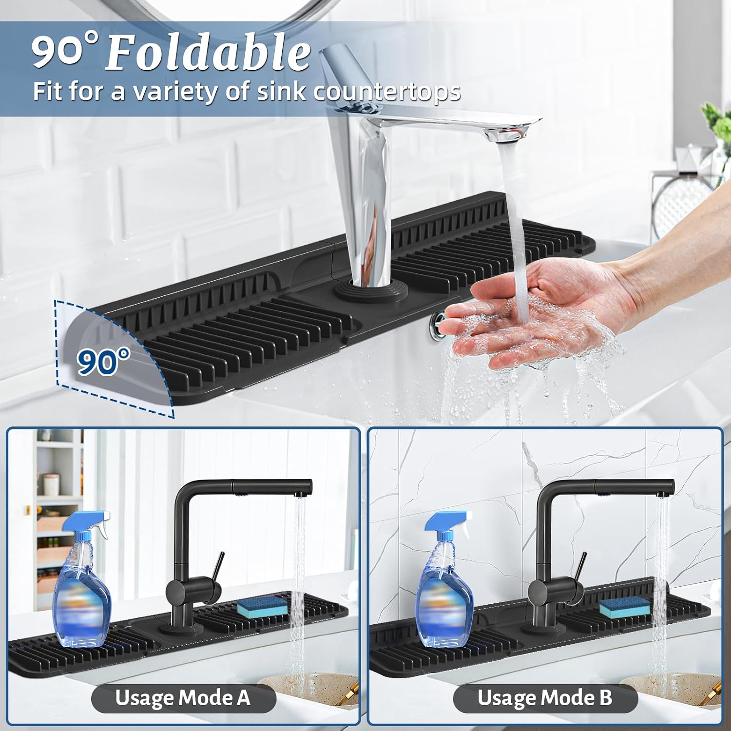 PoYang 24 inch Faucet Mat for Kitchen Sink Splash Guard, 7° Slope Silicone Sink Water Splash Guard for Kitchen Sink Area with Snap Button, Longer Sink Protectors for kitchen Sink Sponge Holder, Black