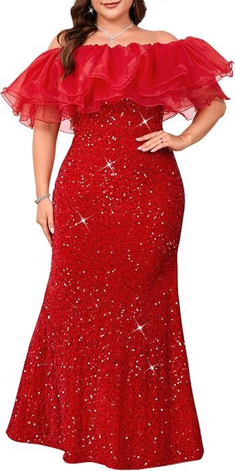 dasmzper Elegant Sequin Off Shoulder Evening Gown for Women Plus Size Sparkly Ruffle Formal Dress for Wedding Guest, Prom