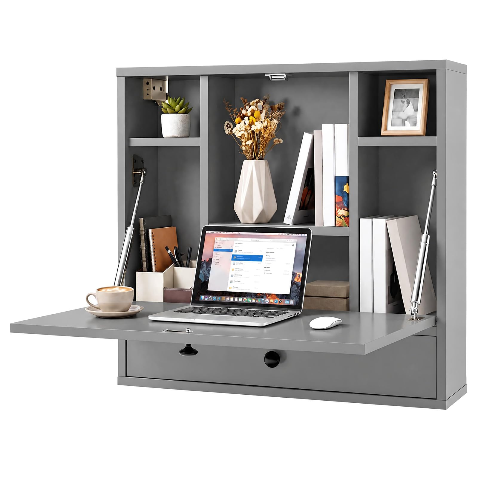 COSTWAY Wall-Mounted Drop-Leaf Table, Space Saving Laptop Computer Desk Workstation, Folding Hanging Table Cabinet with Storage Drawer and Shelves, 60x15x57cm (Grey)