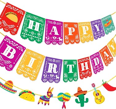 2PCS Mexican Happy Birthday Banner Colorful Mexican Fiesta Birthday Bunting Garland Cinco De Mayo Taco Papel Picado Banner Pre-Strung for Mexican Carnival Birthday Hanging Decor Party Supply