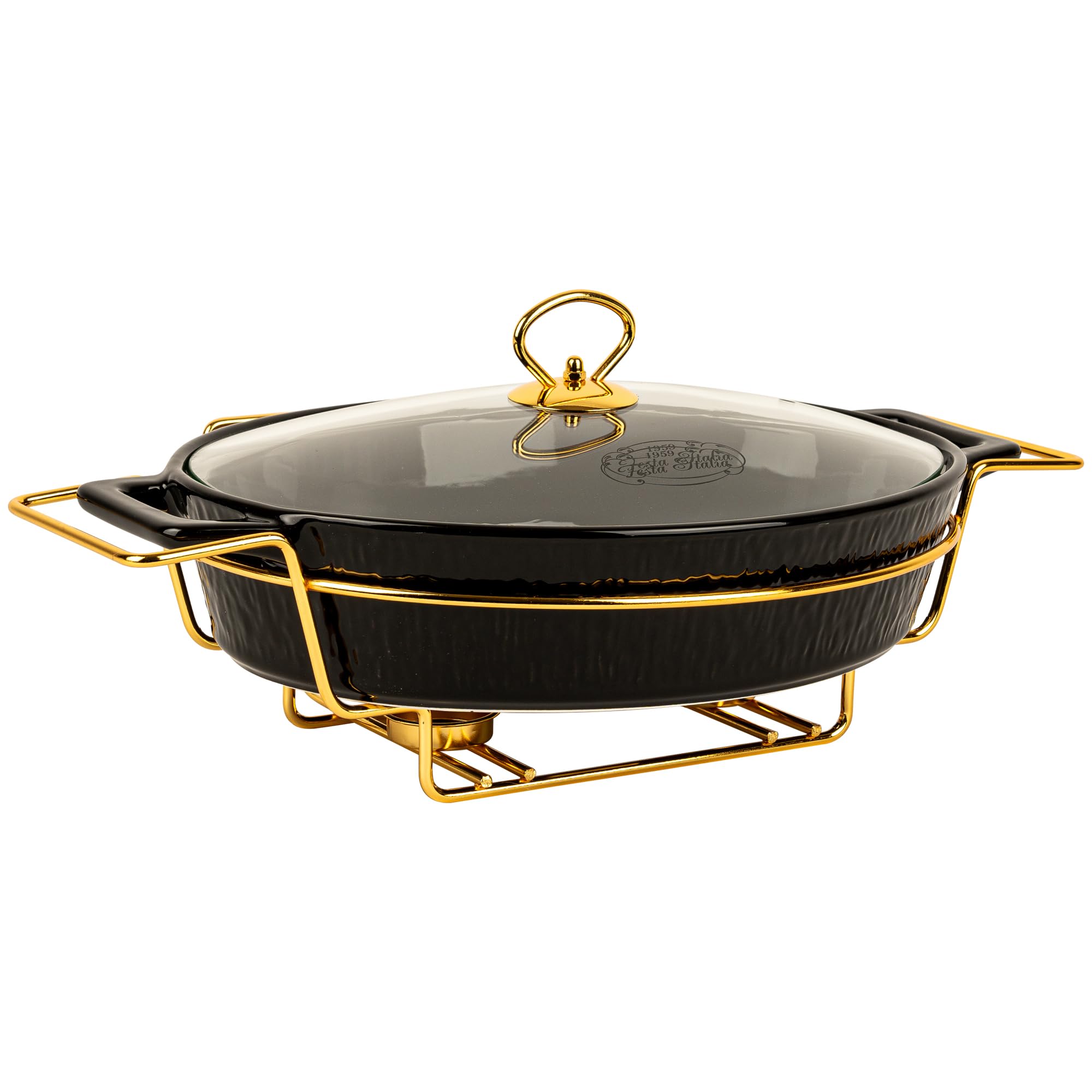 Auflaufform Keramik mit Deckel - 2.5L - Lasagne Oval Form Groß - Schwarz Auflaufformen mit Ständer Tealight - Ofenform - Backform - Lasagneform - Casserole Dish - Großkeramik