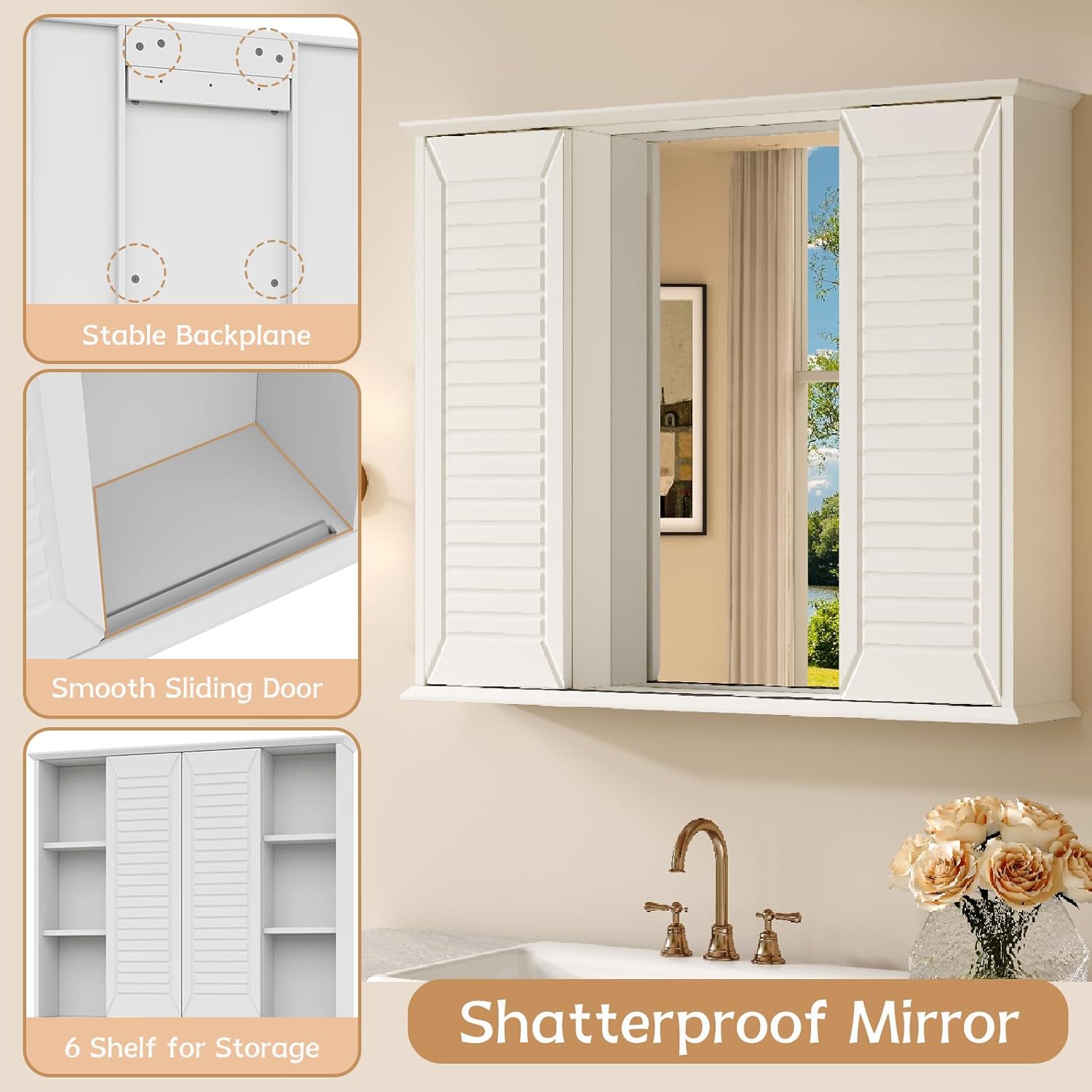 Bathroom Medicine Cabinet Mirror 28.3 x 23.8 inch Bathroom Mirror with Storage Wall Mounted Medicine Mirror Cabinet Wood Organizer with 2 Door Surface Mount Farmhouse Storage Cabinet