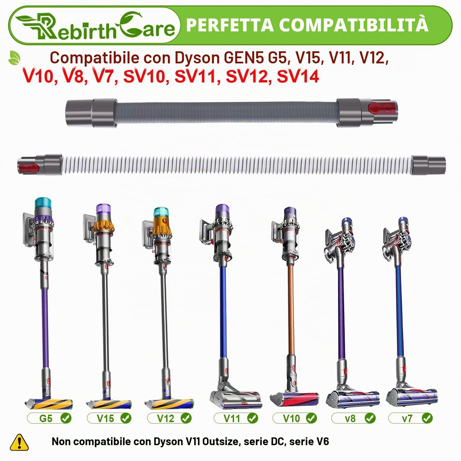 Rebirthcare Tubo Flessibile per Dy.son V15 V11 V12 V10 V8 V7 G5 SV10 SV11 SV12 SV14 Aspirapolvere - Accessorio di Ricambio Estensibile Fino a 172cm