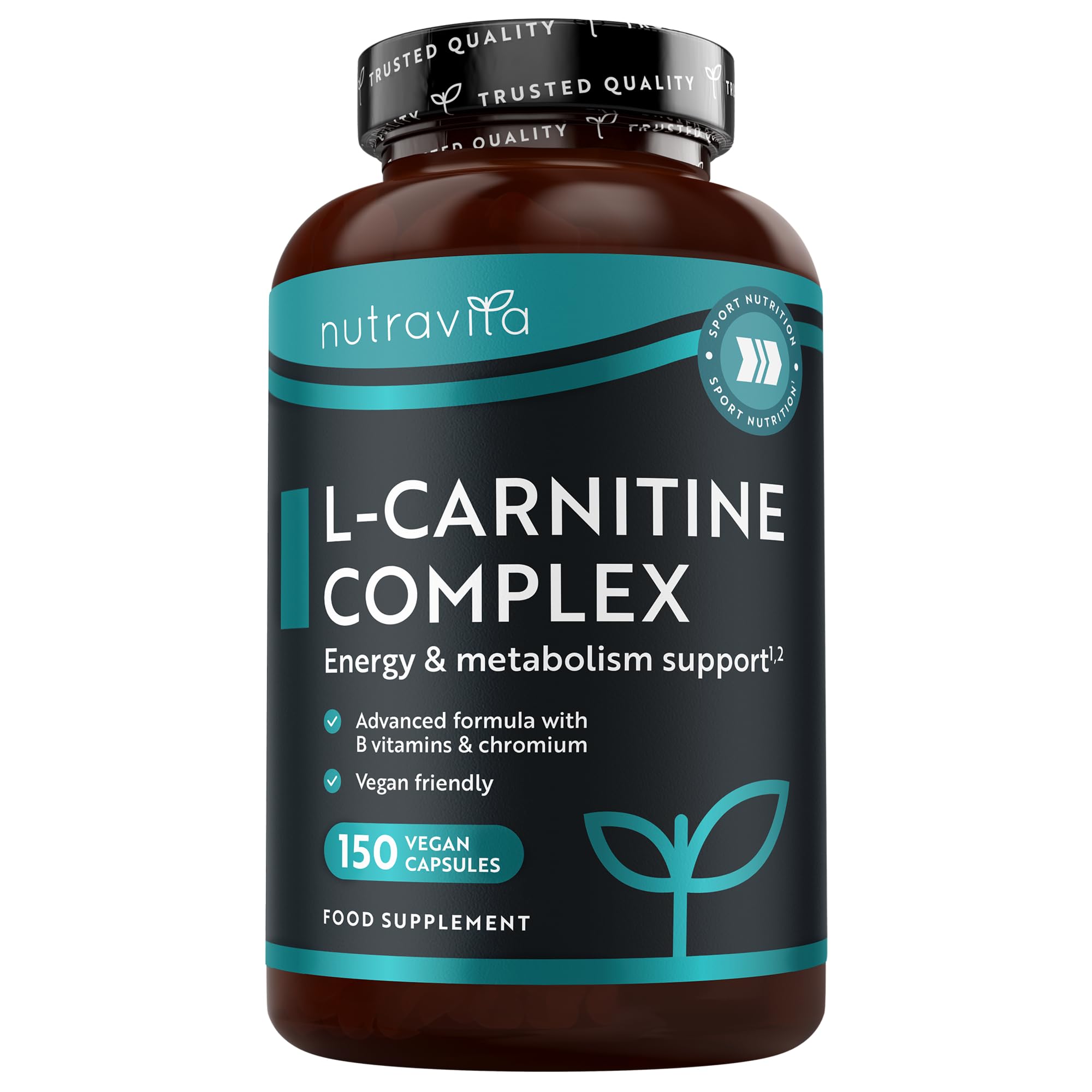 Nutravita L-Carnitin-Komplex - Hochwirksame Kapseln mit zusätzlichem Riboflavin, Biotin, Chrom, Vitamin D, B3 & B6 - Makronährstoff- & Energielieferant für den Stoffwechsel - 150 vegane Kapseln