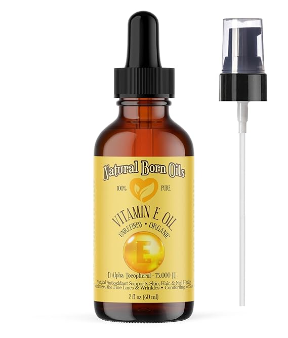 Natural Born Oils Vitamin E Oil, 2oz, Organic, Cold-Pressed, High in Tocopherols, Perfect for Skin Hydration, Enhancing Hair Shine