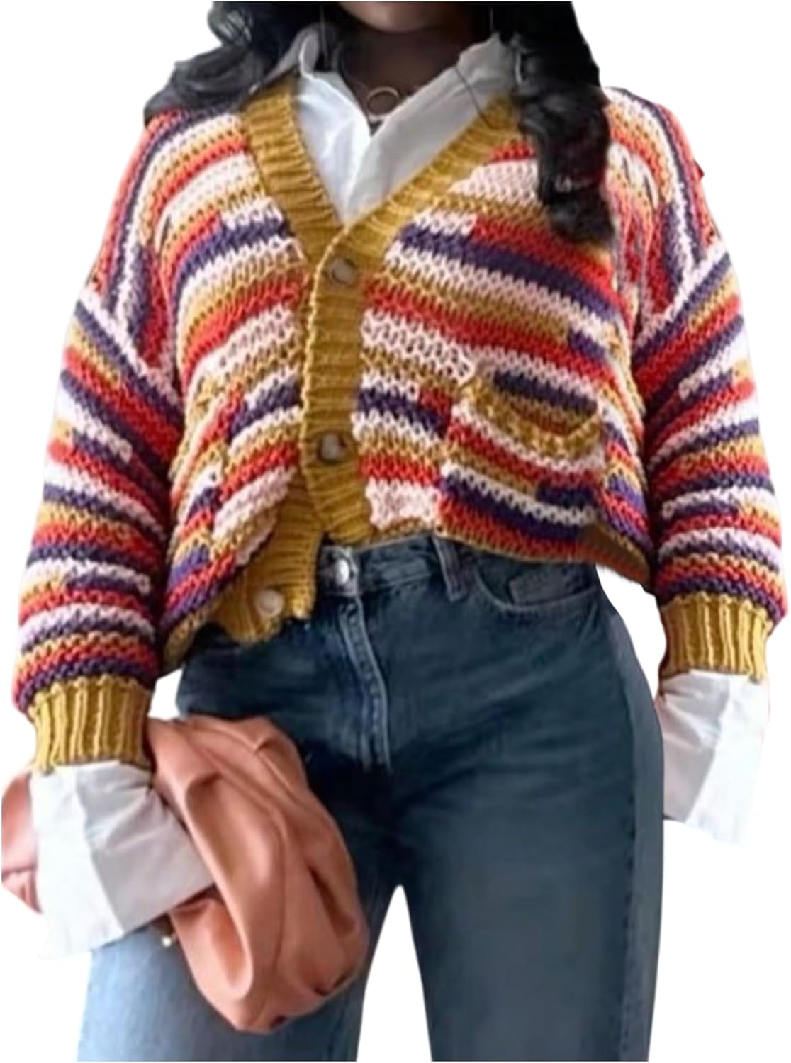 Women's Striped Color Block Sweaters Button Down Long Sleeve Cardigans Crop Tops