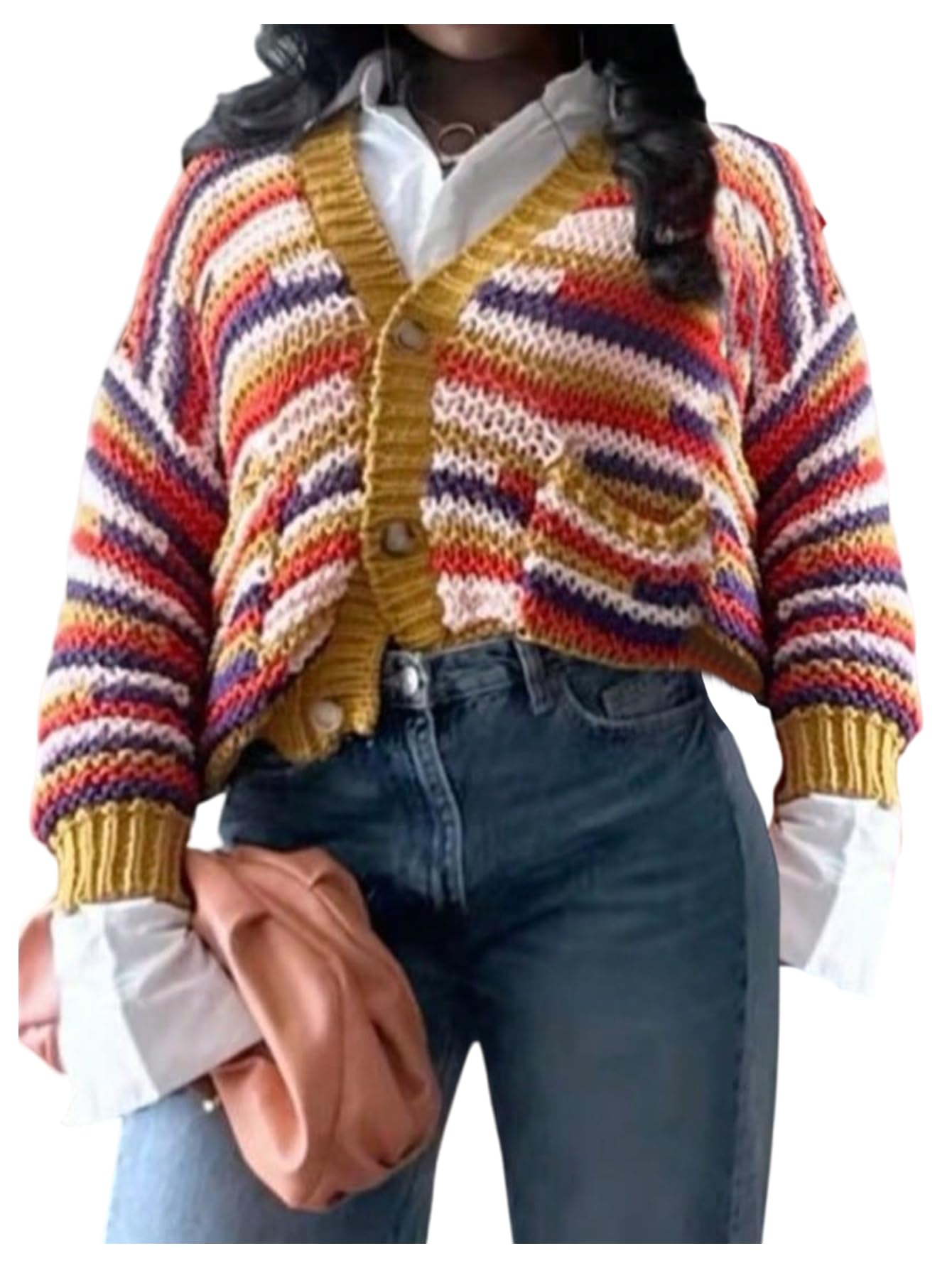 Womens Striped Color Block Sweaters Button Down Long Sleeve Cardigans Crop Tops
