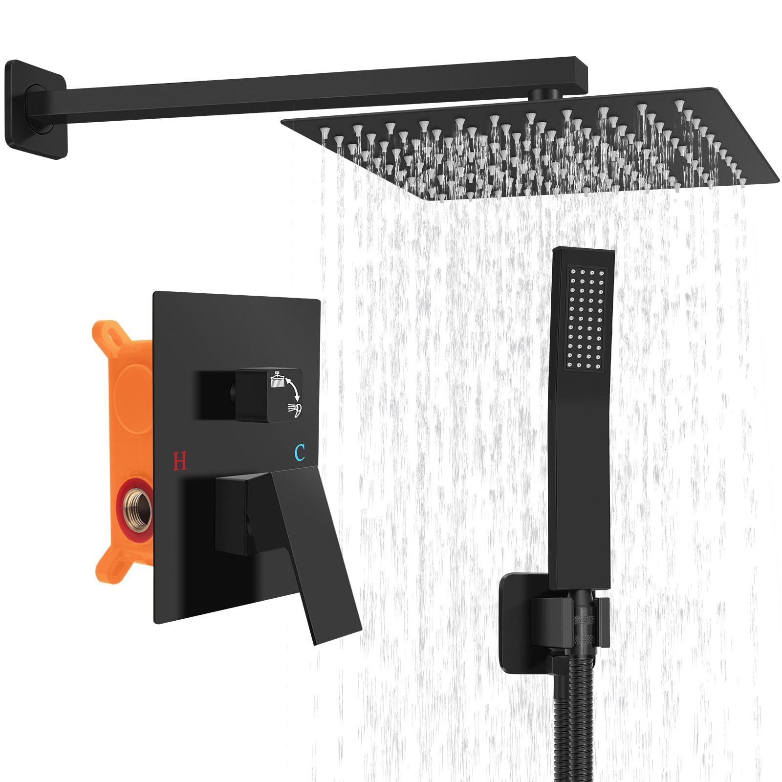 Juego de grifo de ducha de baño montado en la pared, con válvula de ducha y kit de molduras de mango, sistema de ducha de lluvia (negro mate, 10 pulgadas)