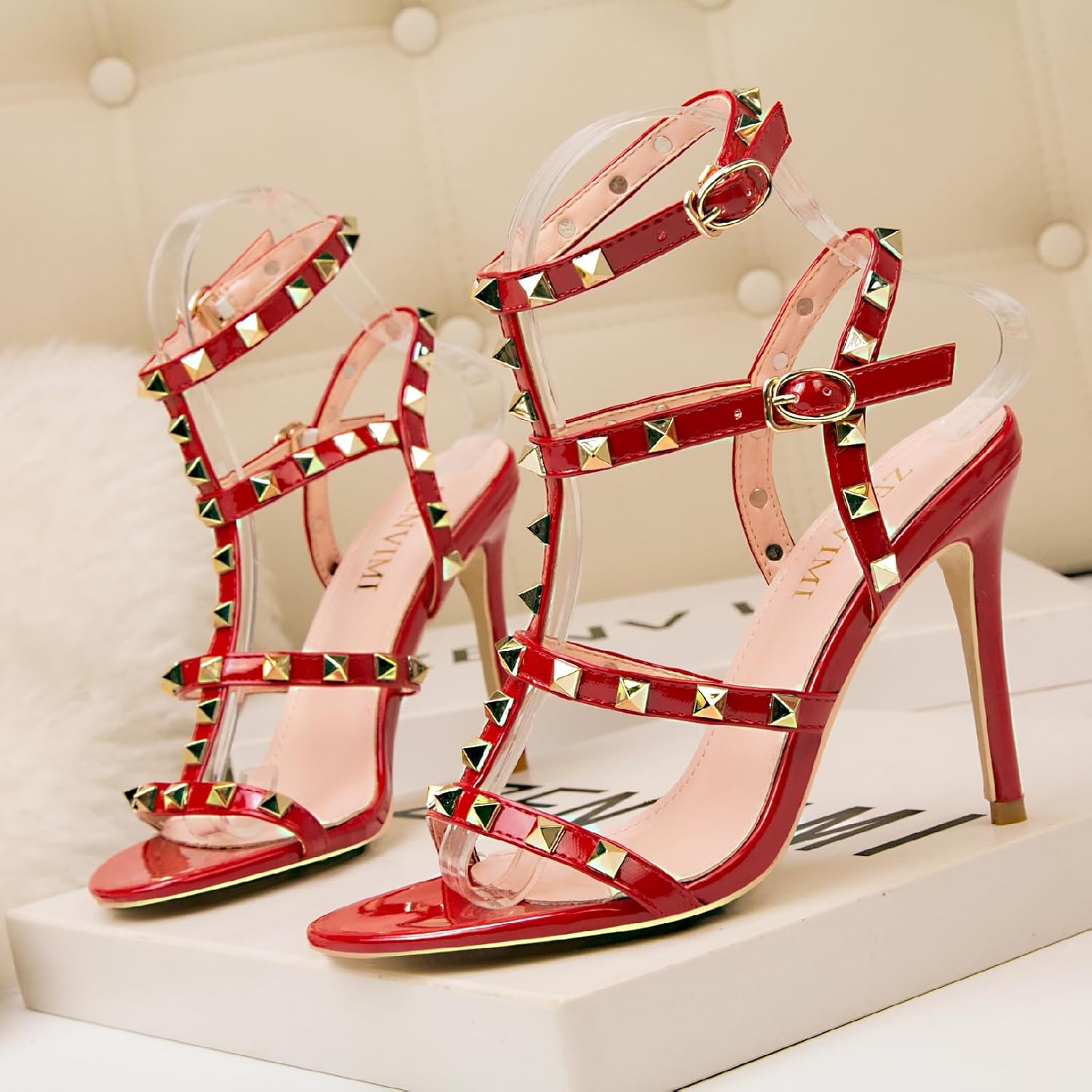 Women's Studded Strappy Leather Stiletto Heels Sandals with Adjustable Ankle Buckle Sexy Open Pointed Toe Fashion T-Strap Roman High Heel Pumps for Party Prom Dress Shoes - Image 5