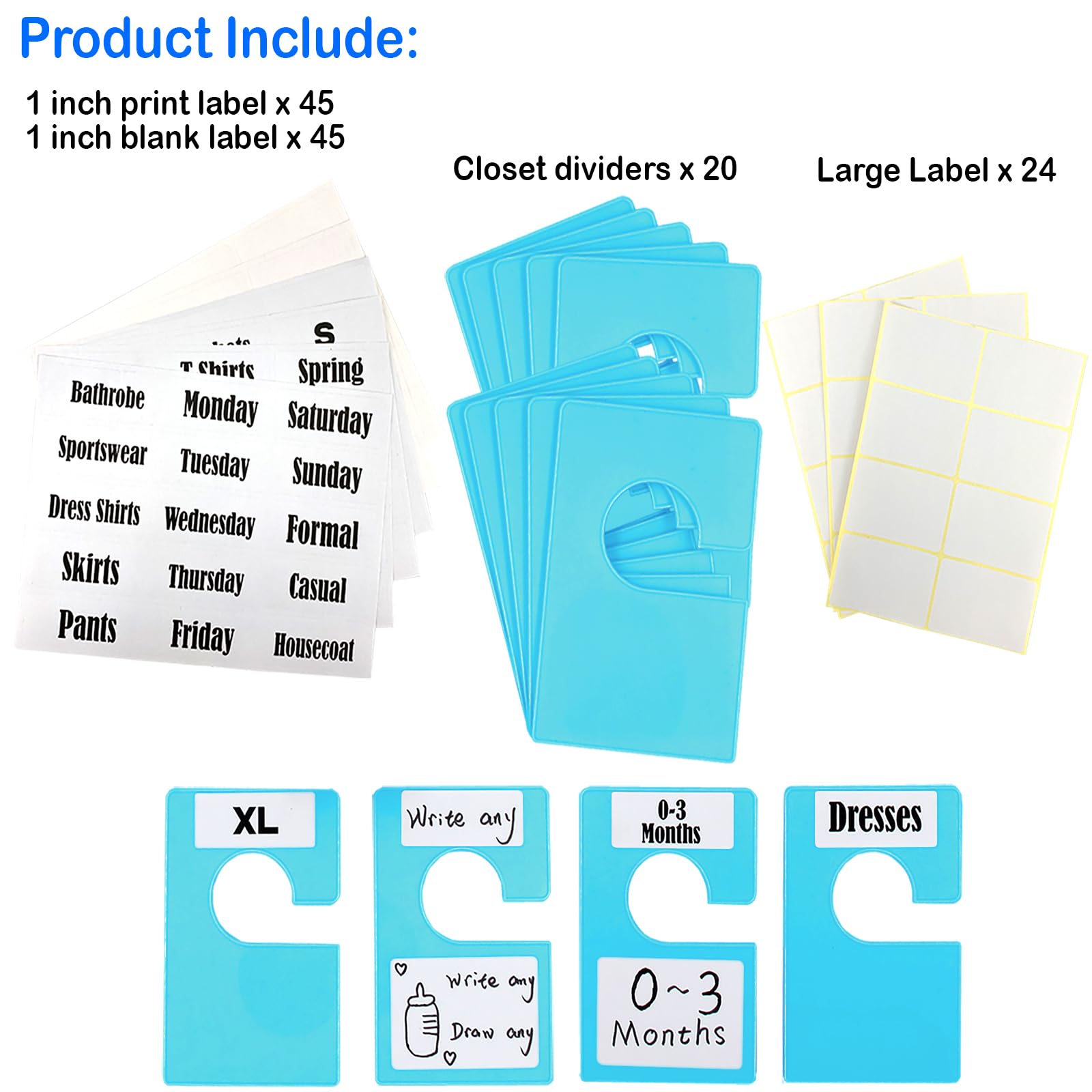 DMLNN 10 Pack White Clothing Rack Size Dividers Plus 60 Labels (1 Inch) and 16 Large Blank Labels, Large Rectangular Clothing Closet dividers (Pearl White)