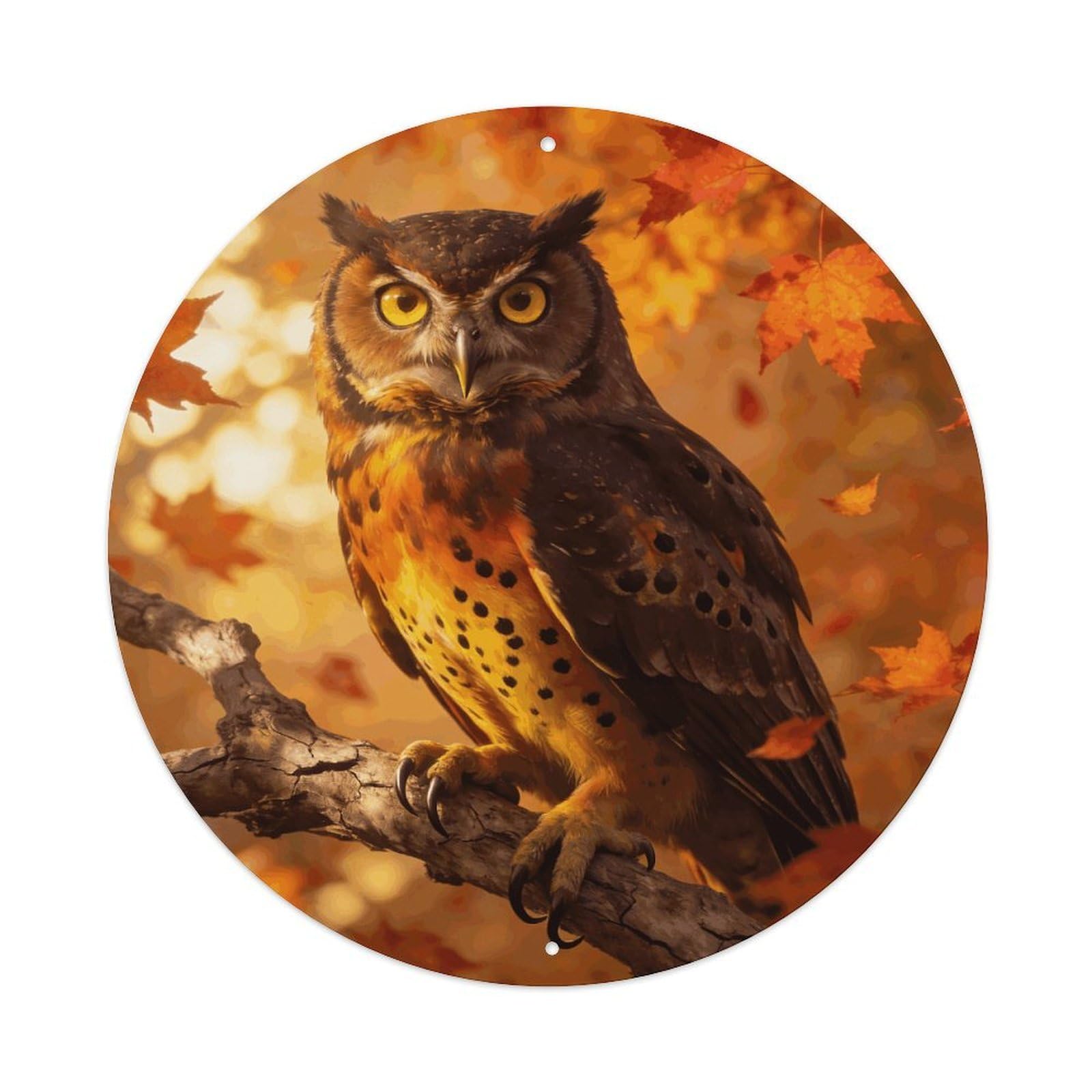 LZQPOEAS Fall Owl Round Aluminum Wall Art Sign, Metal Indoor Wall Decor with Holes, Durable Circular Aluminum Plaque for Home, Bar, Cafe, Living Room, And Office Decoration