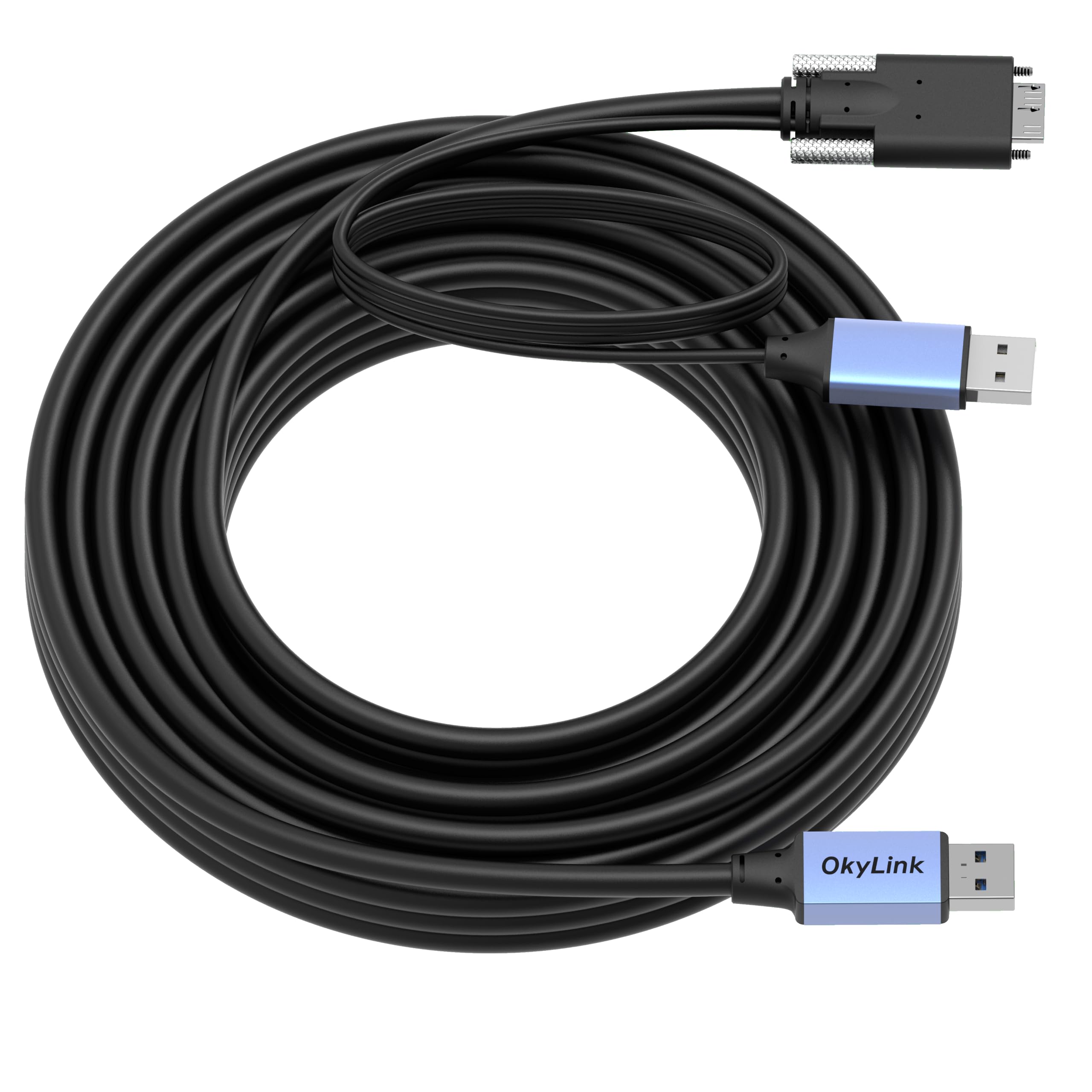 OkyLink Aktywny kabel USB 3.0 do Micro-B z blokadą śrubową - 5 Gbps A męski na Micro-B męski, jakość przemysłowa z wbudowanym kablem zasilającym 10 m