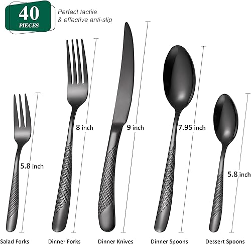 Miniatura 2 de Juego de cubiertos martillados de 20 piezas, color negro, juego de cubiertos de acero inoxidable 1810, juego de cubiertos chapados en titanio para