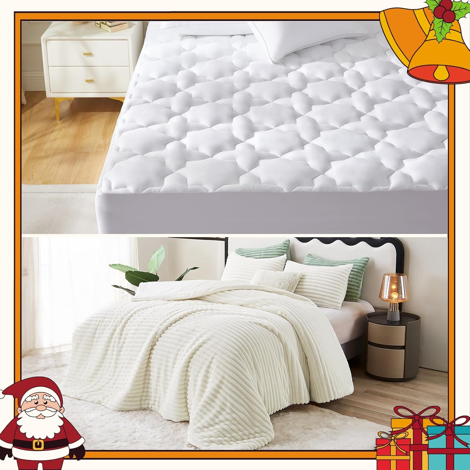 CozyLux Queen Mattress Pad Cotton Mattress Cover Quilted Fitted Mattress Protector & Fluffy Queen Comforter Set - Super Soft Faux Fur Cream White Comforter Queen Size