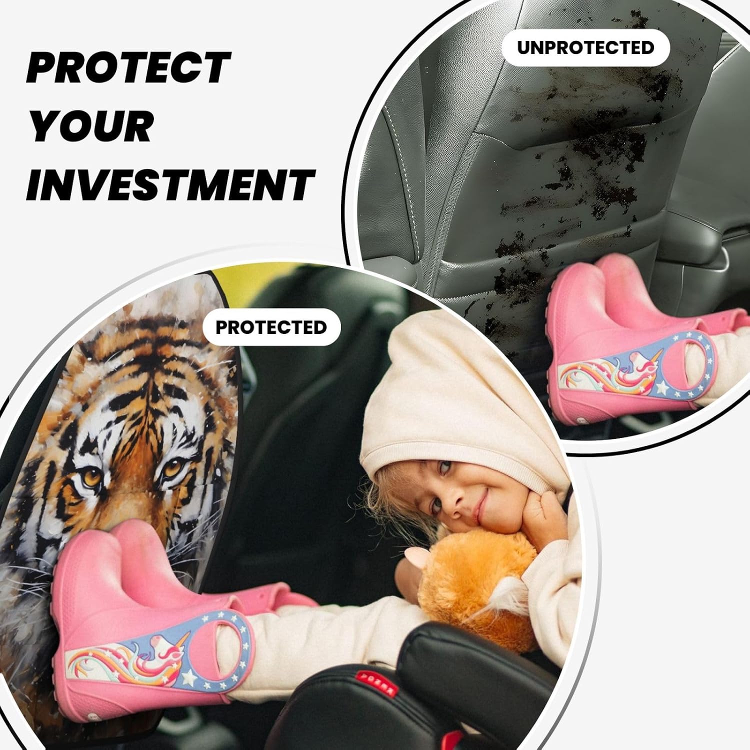 Car Seat Back Kick Protector 2 Pack 18.5x26.4 Inch, Watercolor Bold Tiger Anti-Kick Pad, Waterproof Oxford Fabric Large Rear Seat Cover for Kids Pets Fits SUV Jeep Truck Sedan