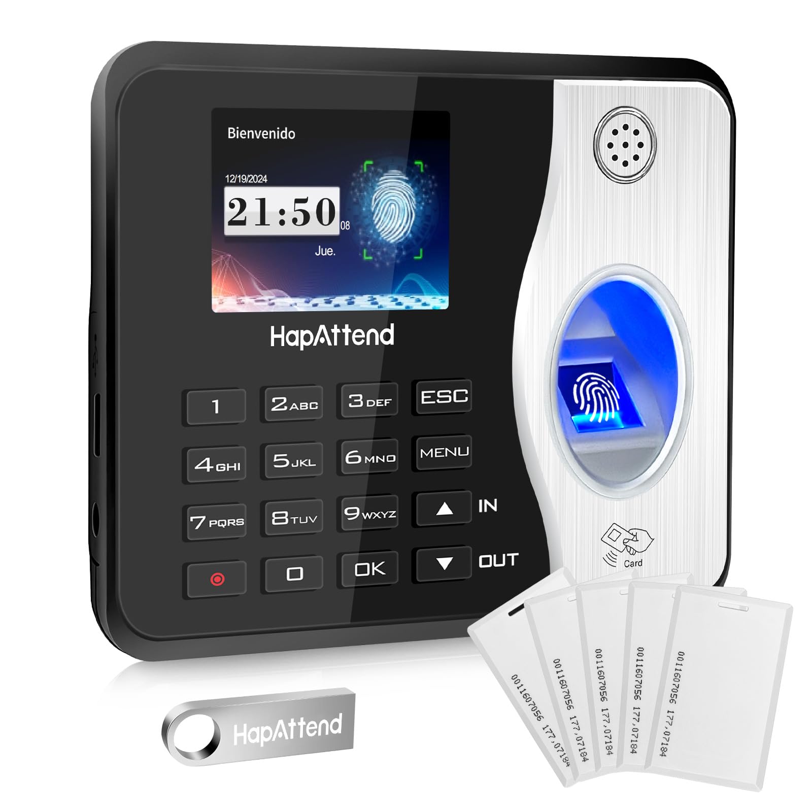 Control horario empleados, Español Reloj de fichar con Huella Dactilar, RFID Tarjetas, Maquina de fichar empleados de hasta 3000 usuarios sin conexión Internet Negro Escáner | Sin cuota mensual Cálculo automático de horas Multilenguaje Verificación huella