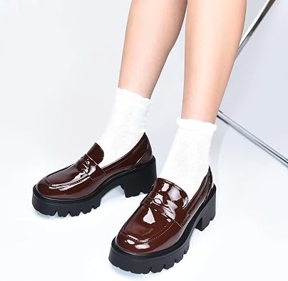 Black Penny Loafers for Women - Women's Slip-On Platform Patent Leather Loafers, Chunky Comfort Shoes for Work & Dressy Occasions