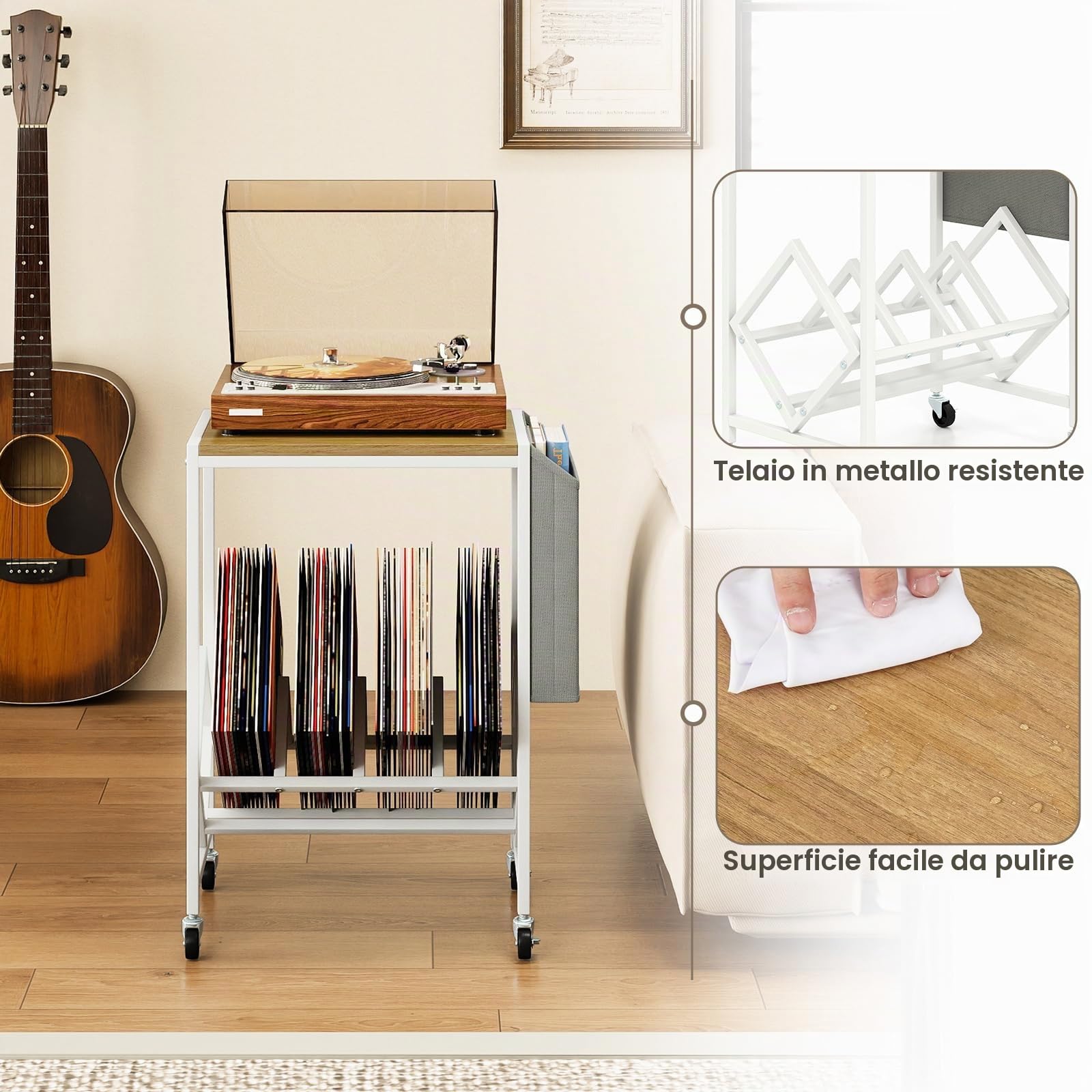 KOMFOTTEU Supporto per Giradischi con Ruote, Mobile Vinili con Sacchetto di Stoffa e Ripiano, Espositore per Dischi per Presentazioni in Metallo per Ufficio, Soggiorno, Camera da Letto (Naturale)