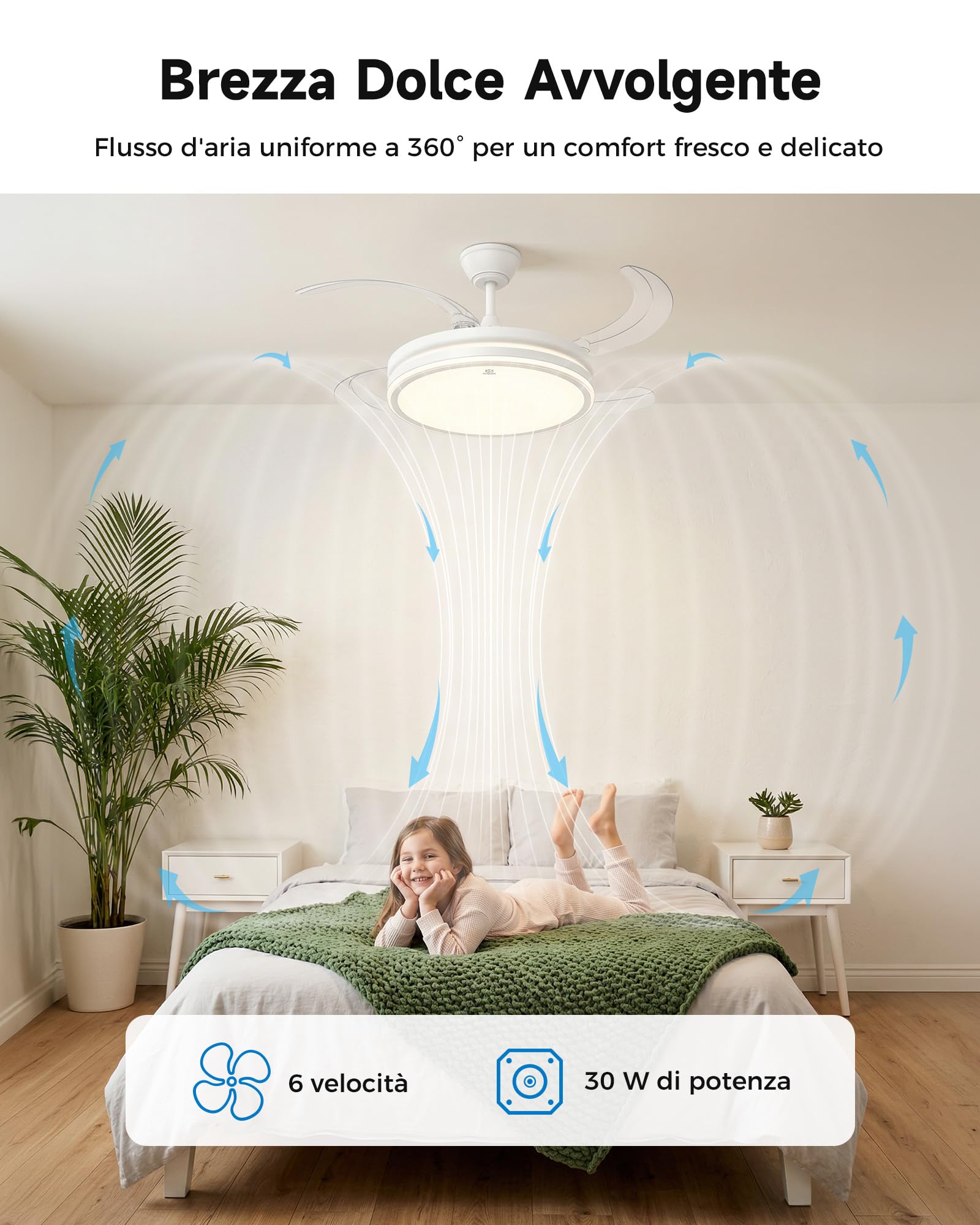 WOOX Ventilatore da Soffitto con Luce, 107cm Lampadario Ventilatore DC | 4 Pale Retrattili Invisibili, LED 50W Dimmerabile (CCT), 6 Velocità, Silenzioso, Estate/Inverno, Telecomando