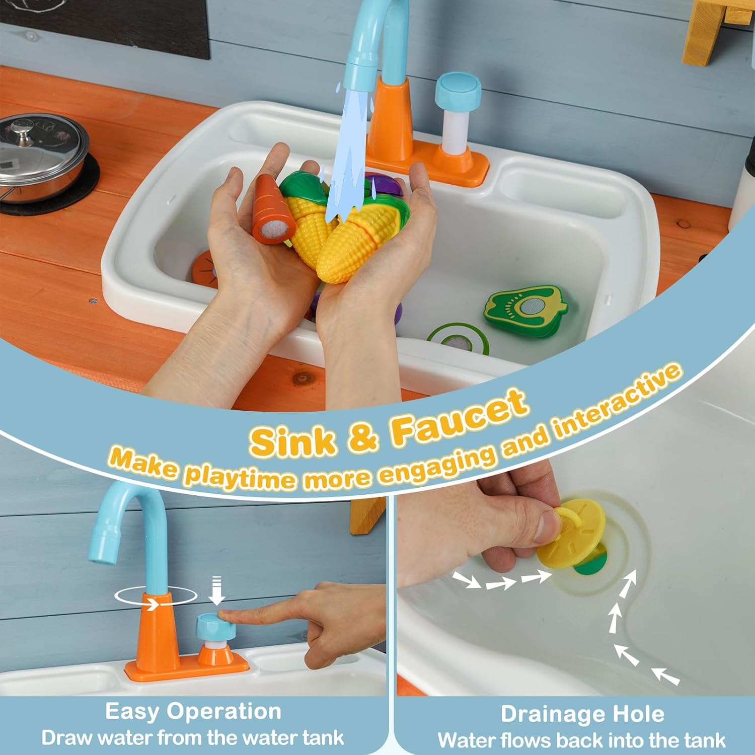 Costzon Mud Kitchen, Wooden Toy Playset w/Stoves, Sink, Faucet, Grill Rack, Chalkboard, Rotatable Knobs, Flowerpots, Shelves & Cabinets, Outdoor Mud Kitchen for Kids Aged 3-8 （Blue+Orange）