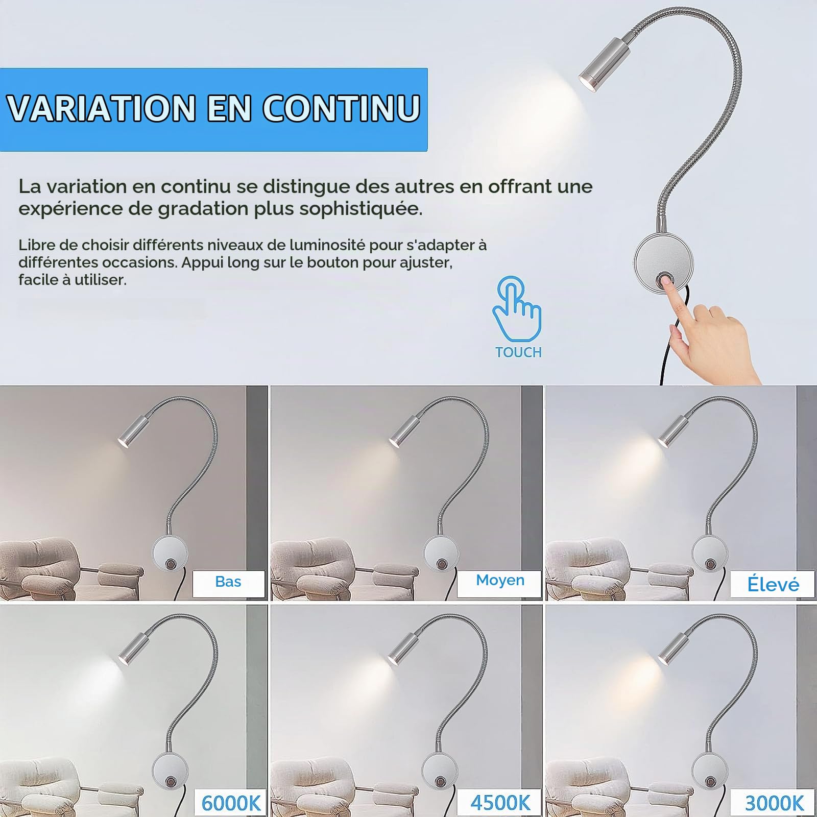 Lampe de Lecture Dimmable Tactile, Lumière Liseuse Murale Intérieur LED avec Interrupteur et Port de Chargement USB 360°Lampe Lit à Col de Cygne Flexible Applique Chevet Chambre avec Adaptateur EU