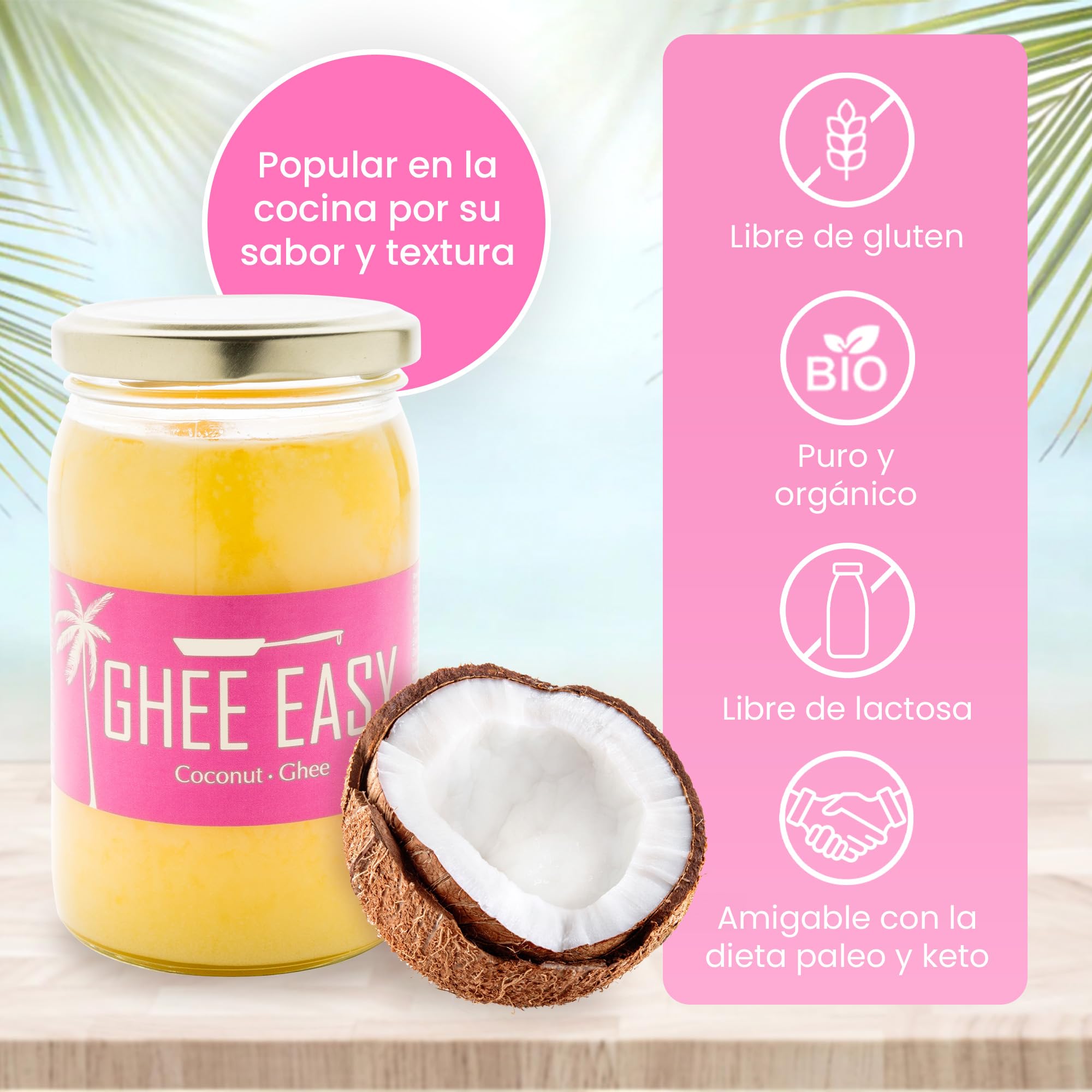 Ghee Easy Bio Ghee y Coco Mezcla 500g - 50% Ghee y 50% Aceite de Coco Extra Virgen - 100% Orgánico y Biológico - Sin Lactosa y Sin Gluten
