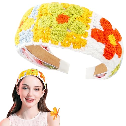 Miniatura 7 de Diadema de ganchillo para mujer, bufanda de punto hippie para mujer, accesorios para el cabello de los años 70 (rojo, verde, amarillo, azul)