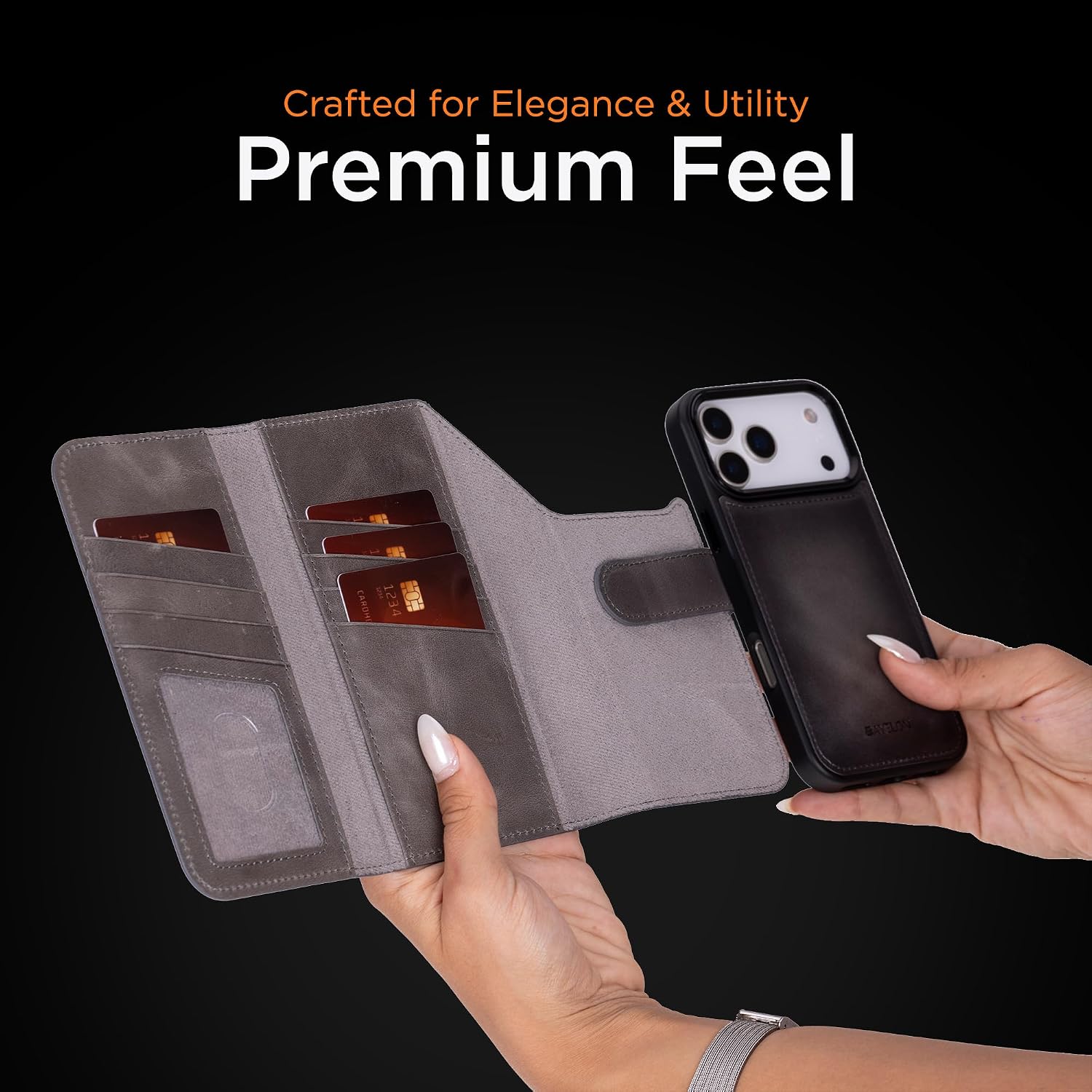 Bayelon Wallet Case for iPhone 17 Pro, Trifold Leather Wallet, Detachable Magnetic Flip Folio Cover, Card Holder for Men and Women, MagSafe Compatible, RFID - Smoked Black