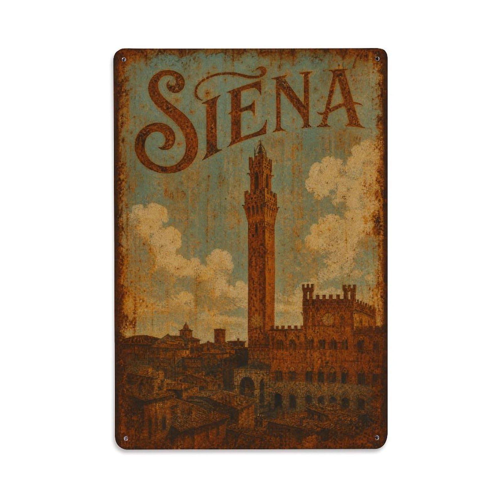 Huiyhb 8X12inch(20X30cm) Vintage Travel Siena Tower Mangia Cityscape Landmark Italy Metal Tin Sign
