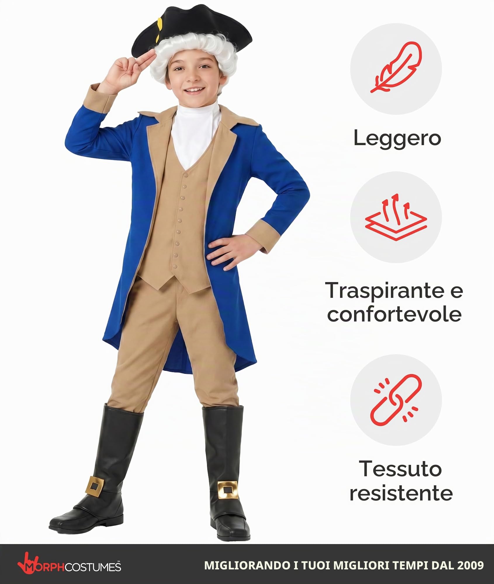 Morph Costume George Washington Bambino, Costume Halloween Bambino | Giacca Blu, Gilet, Parrucca Bianca & Cappello Nero, Perfetto per Halloween, Ideale per il Gioco di Ruolo