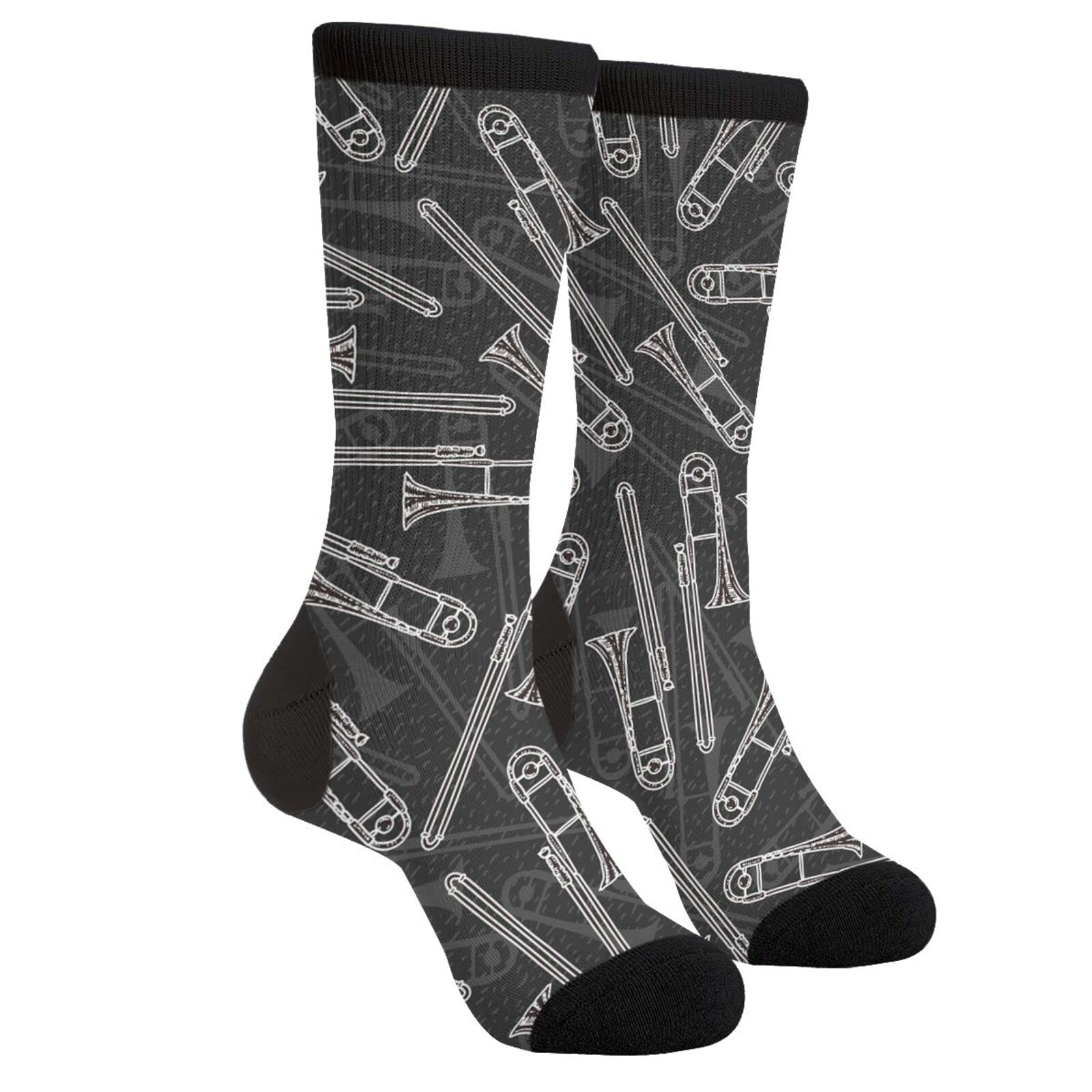 Black White Trombones Vintage Style Unisex Novelty Crew Socks Casual Funny Crazy Dress Socks Gift