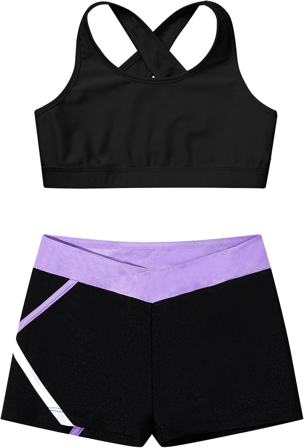 Kids Girls Gymnastics Dance Outfits Sleeveless Racer Back Sports Bra with V-Cross Shorts Sets Tracksuit