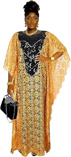 Womens African Lace Kaftan Dress Embroidery V Neck Evening Party Gown One Size with Matching Headwrap