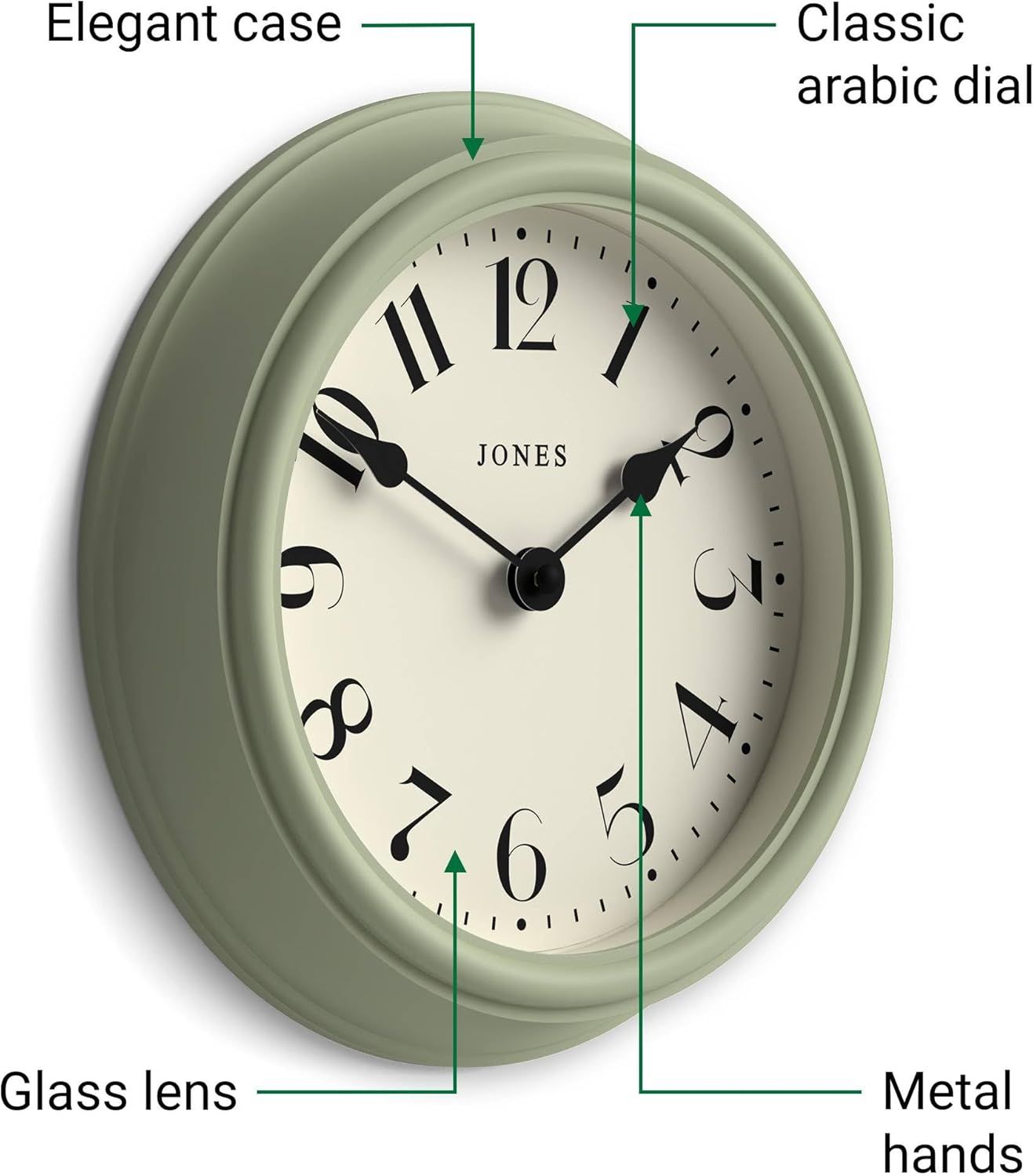 JONES CLOCKS® Frieze wall Clock | Small Elegant Classic Round Clock | 23cm | Sage Green | Pretty Design Ideal for the Kitchen, Living Room, Bedroom, Large or Small Spaces