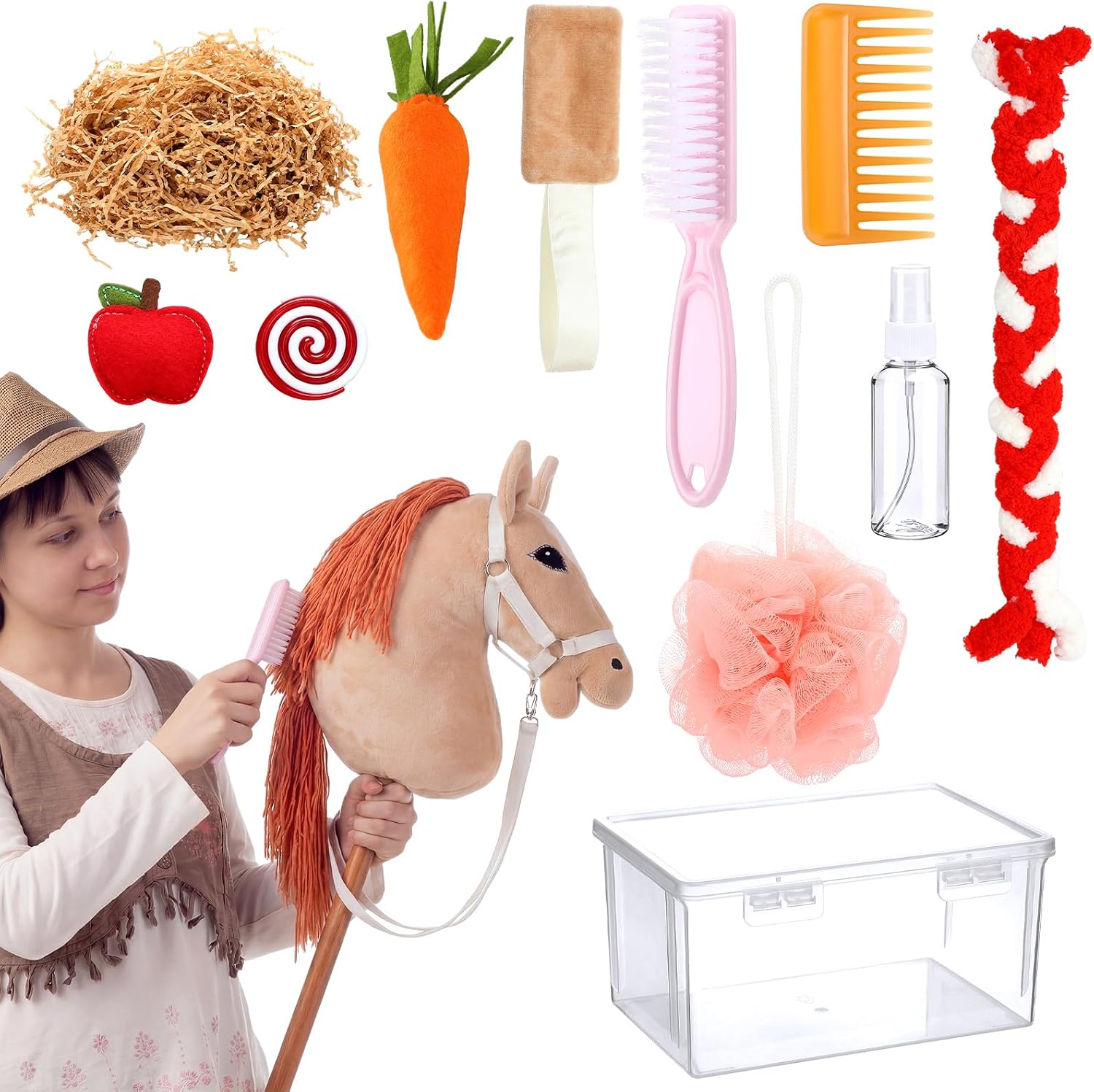 11 Pcs Hobby Horse Care Kit Kids Grooming & Accessories Kit Simulated Horse Brush Mane Sprayer Leash Simulated Apple Carrot Mint Hay Net – Kids DIY Gift (Hobby Horses Not Included)