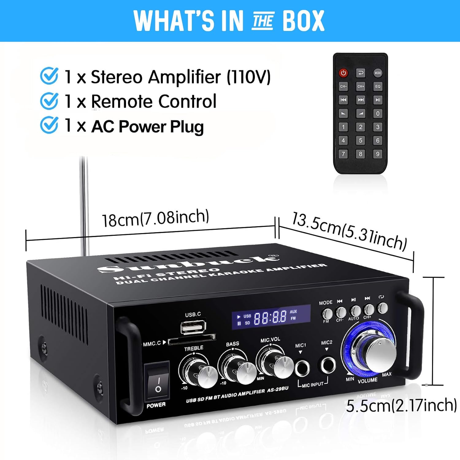 Contents of the Sunbuck AS-29BU package including amplifier, remote control, and user manual, with dimensions shown.