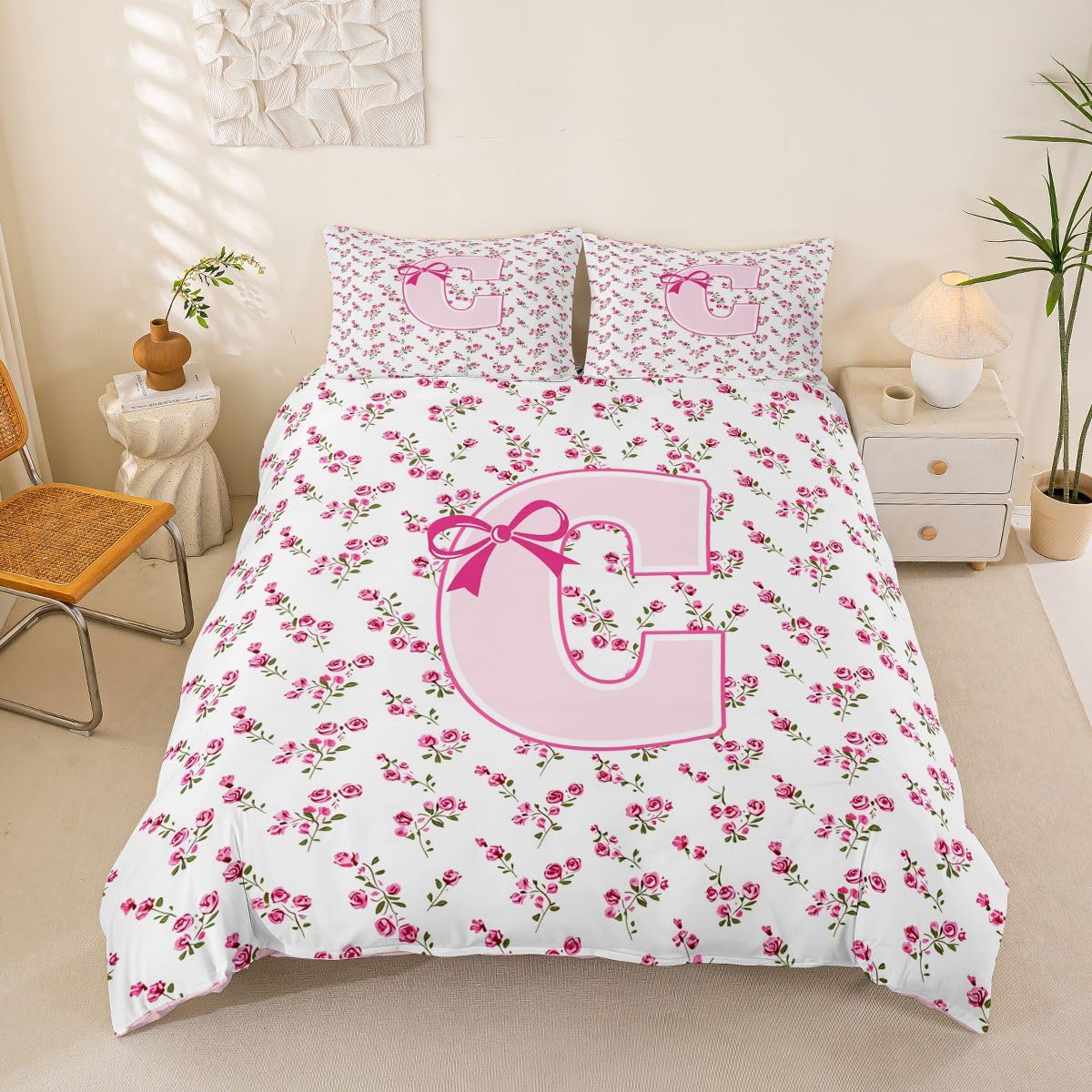 Housse de couette 220x240 rose avec noeud papillon et taies 65x65