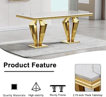 7 Pieces Dining Table and Chair Set for 6, Luxury Marble Dining Table Set for 6, 68'' Gold Dining Room Table with 6 Tufted Dining Chairs, High Glossy Steel Base Dining Kitchen Table Set for 6