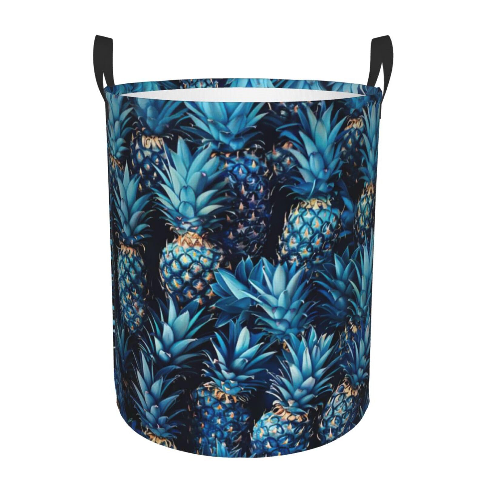 S Collapsible Laundry Hamper Round Blue pineapple Print Storage