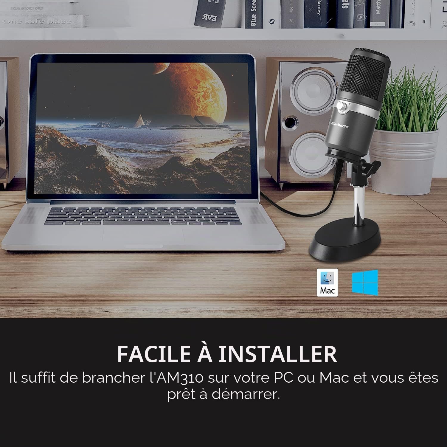 AVerMedia USB Microphone AM310 - Micro YouTube & Twitch - Micro cardioïde USB haute qualité, sans latence, parfait pour le streaming, avec retour audio du PC, écoutez votre voix en temps réel