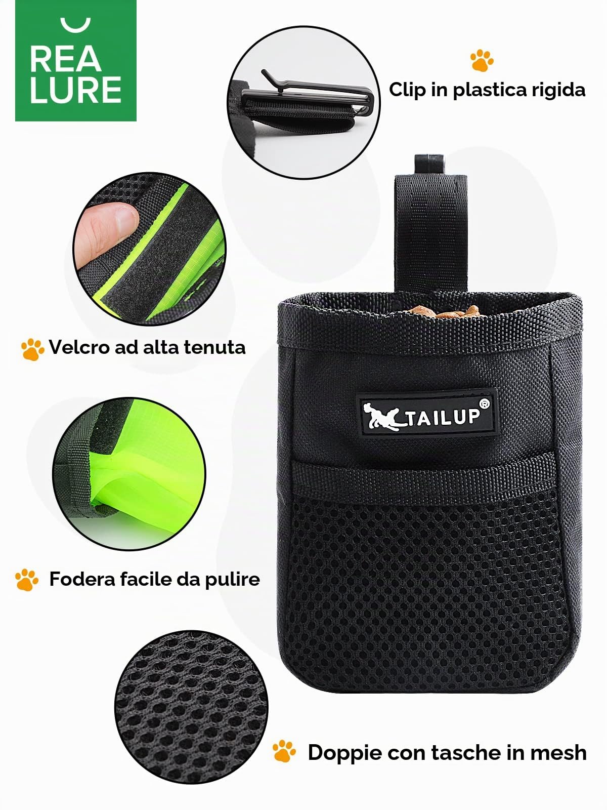 Realure Borsa Addestramento Cane, Porta Snack Cane con Clip di Fissaggio, Sacchetto Addestramento Cane, Porta Crocchette per Cani Addestramento, Porta Premi per Cani, Adatto all'Uso Esterno (Nero)