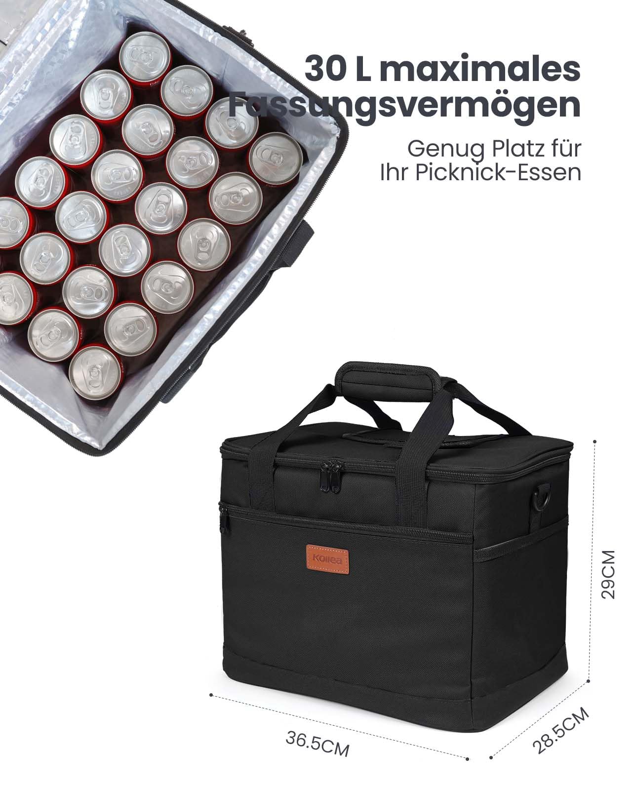 Kollea Kühltasche - 30L Picknicktasche - Isoliertasche - Lunchtasche Hält warm und kalt, Auslaufsicher, Mit Tragegurten, Mehrere Taschen - Ideal für Reisen, Camping, Grillen, Lebensmitteltransport