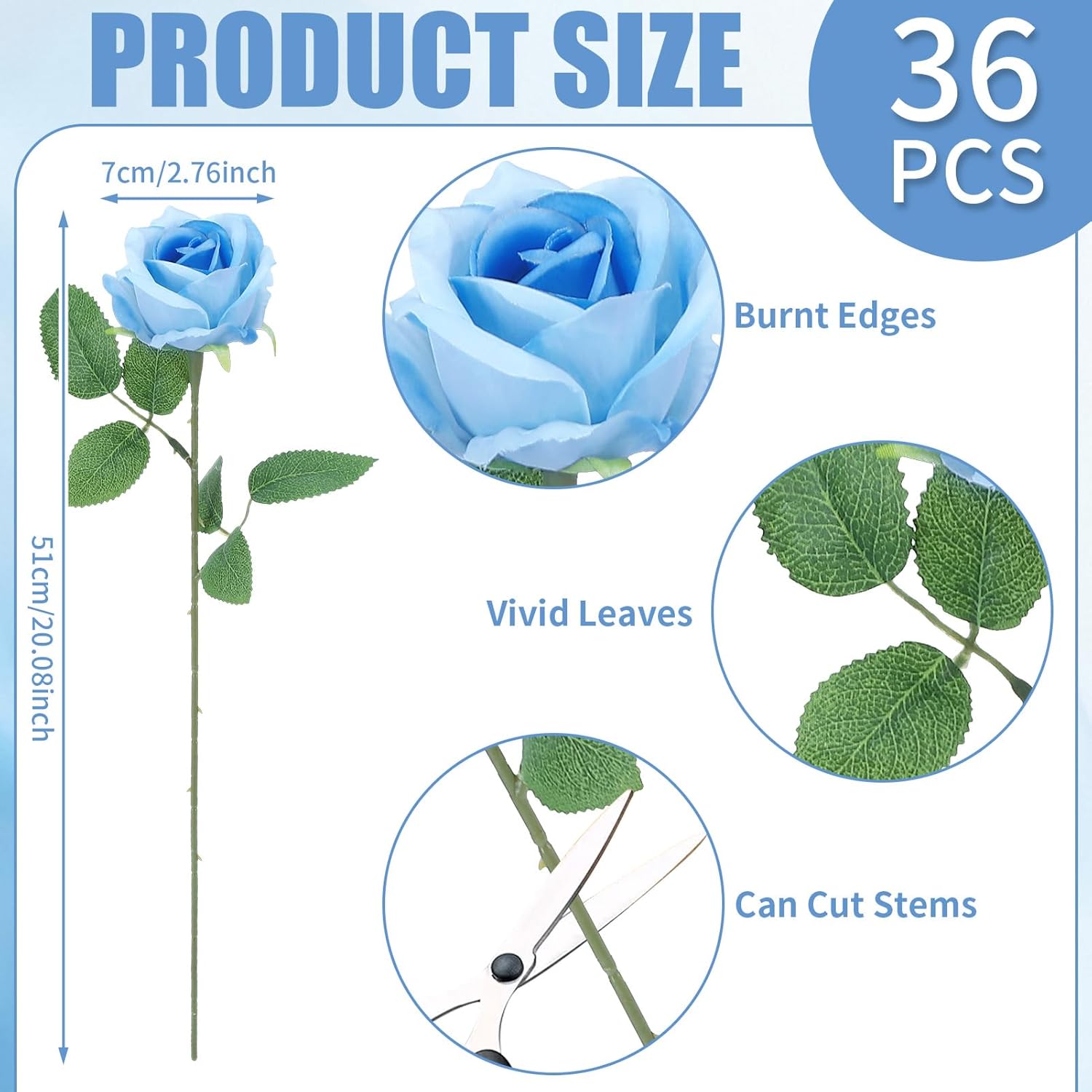 36 Pcs Sky Blue Artificial Roses with Long Stems, Blue Fake Silk Rose Artificial Flowers Bulk for Bridal Wedding Bouquet Centerpiece Ball Arrangement Party Decor - Image 2
